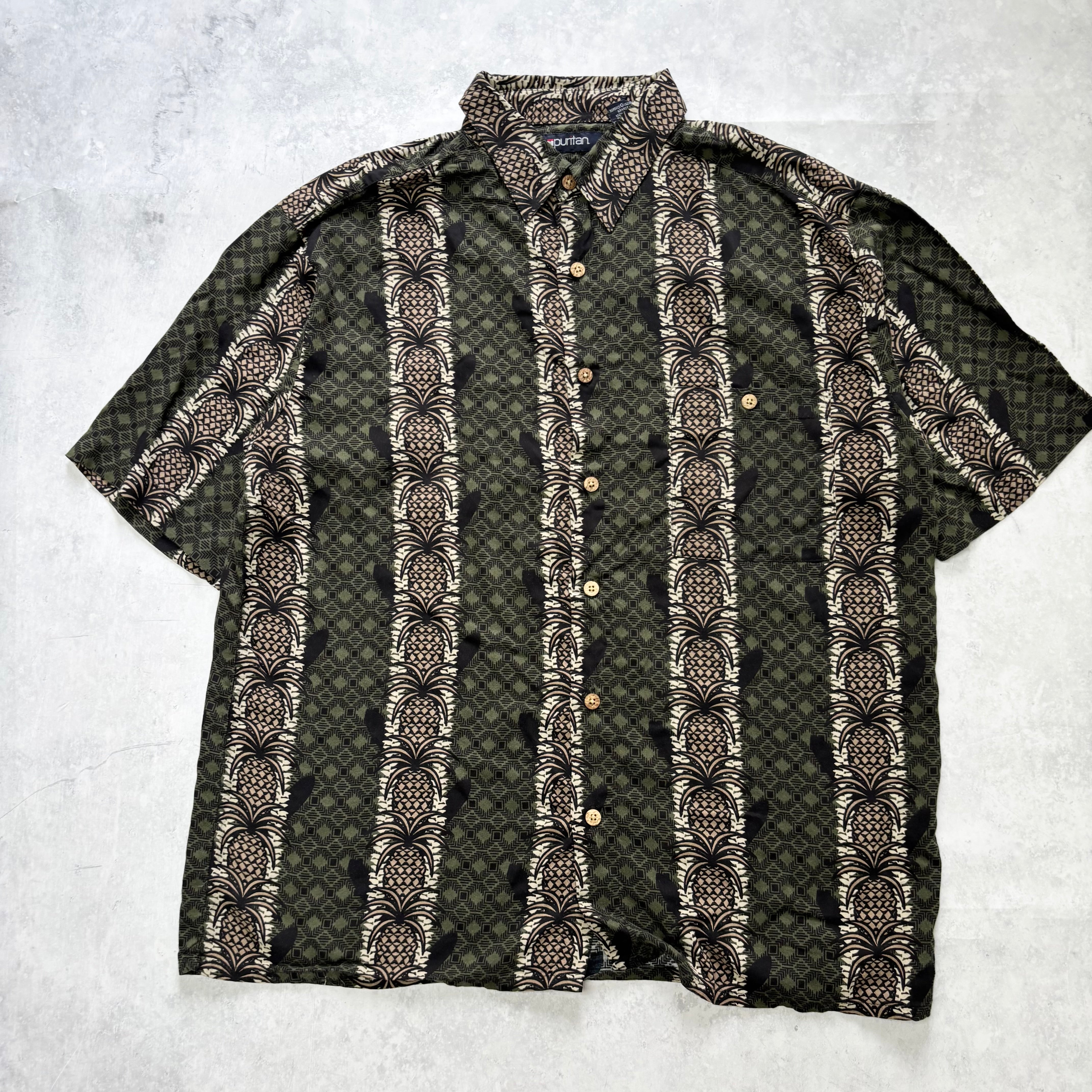 Vintage Hawaiian Shirt Mens Large Green Floral Aloha Short Sleeve Viscose (E)