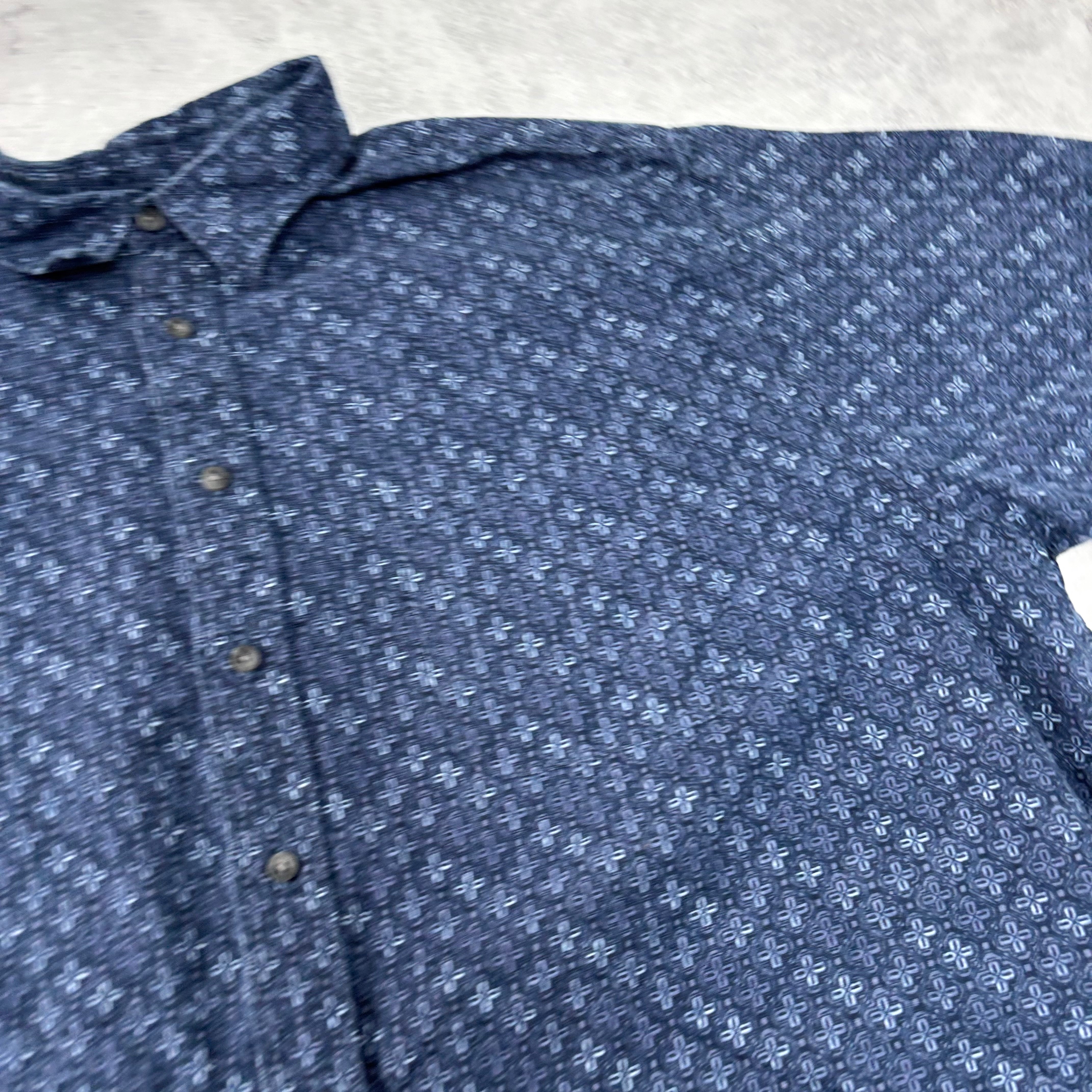 Vintage Shirt Mens XXL Navy Blue Short Sleeve Linen Blend Pattern (E)