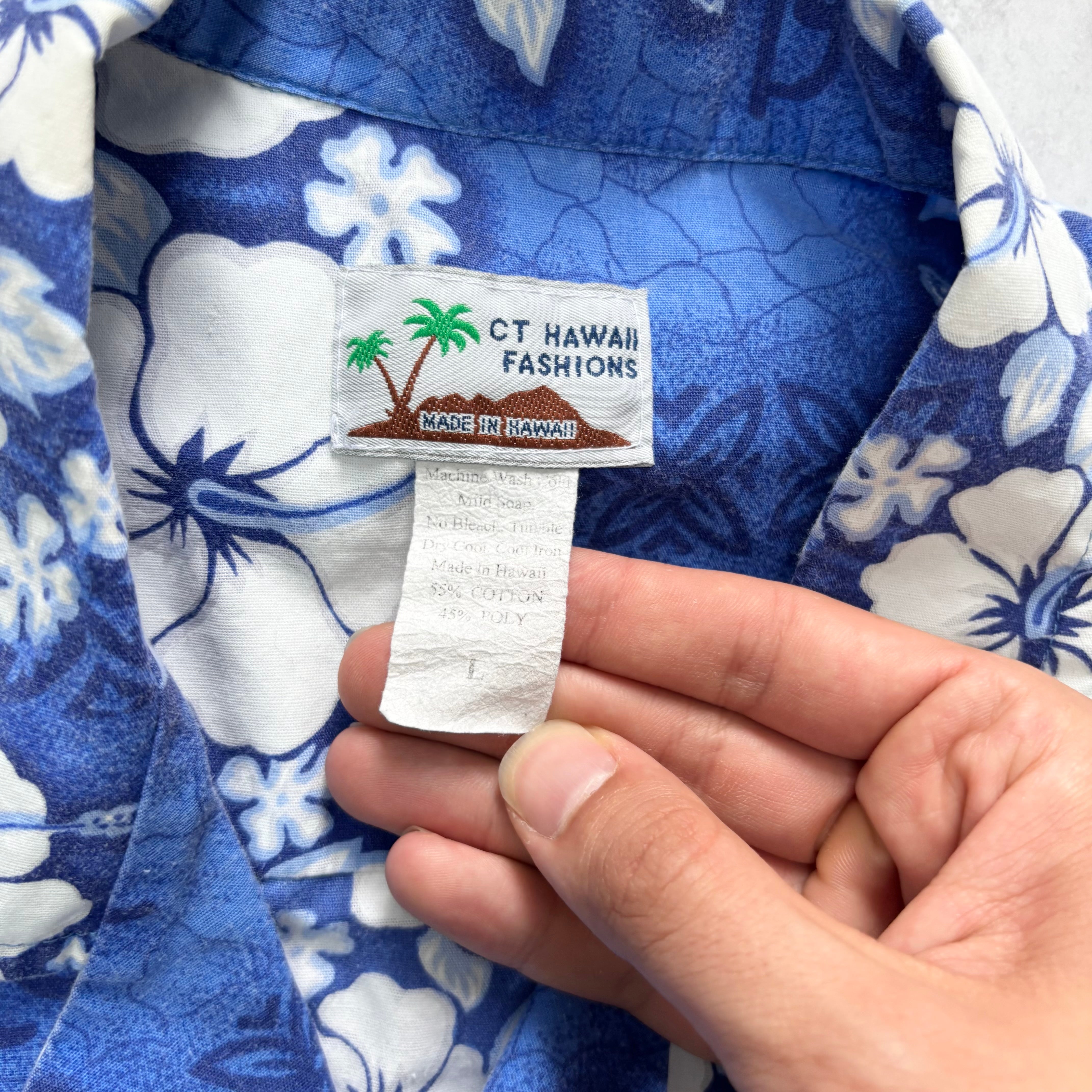 Vintage Hawaiian Shirt Mens Large Blue Floral Aloha Short Sleeve Cotton