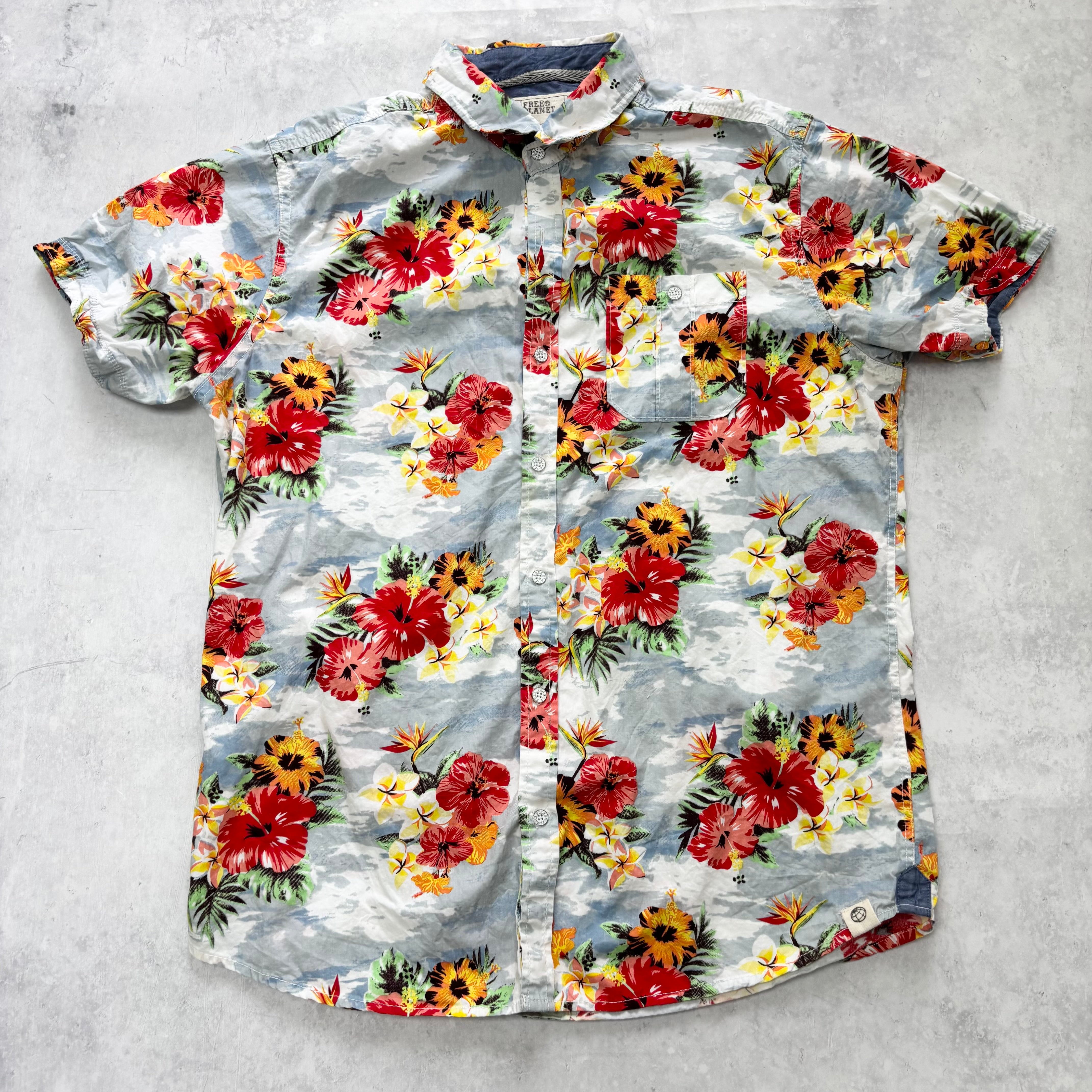 Hawaiian Shirt Mens Large Blue Floral Aloha Regular Fit Cotton (E)