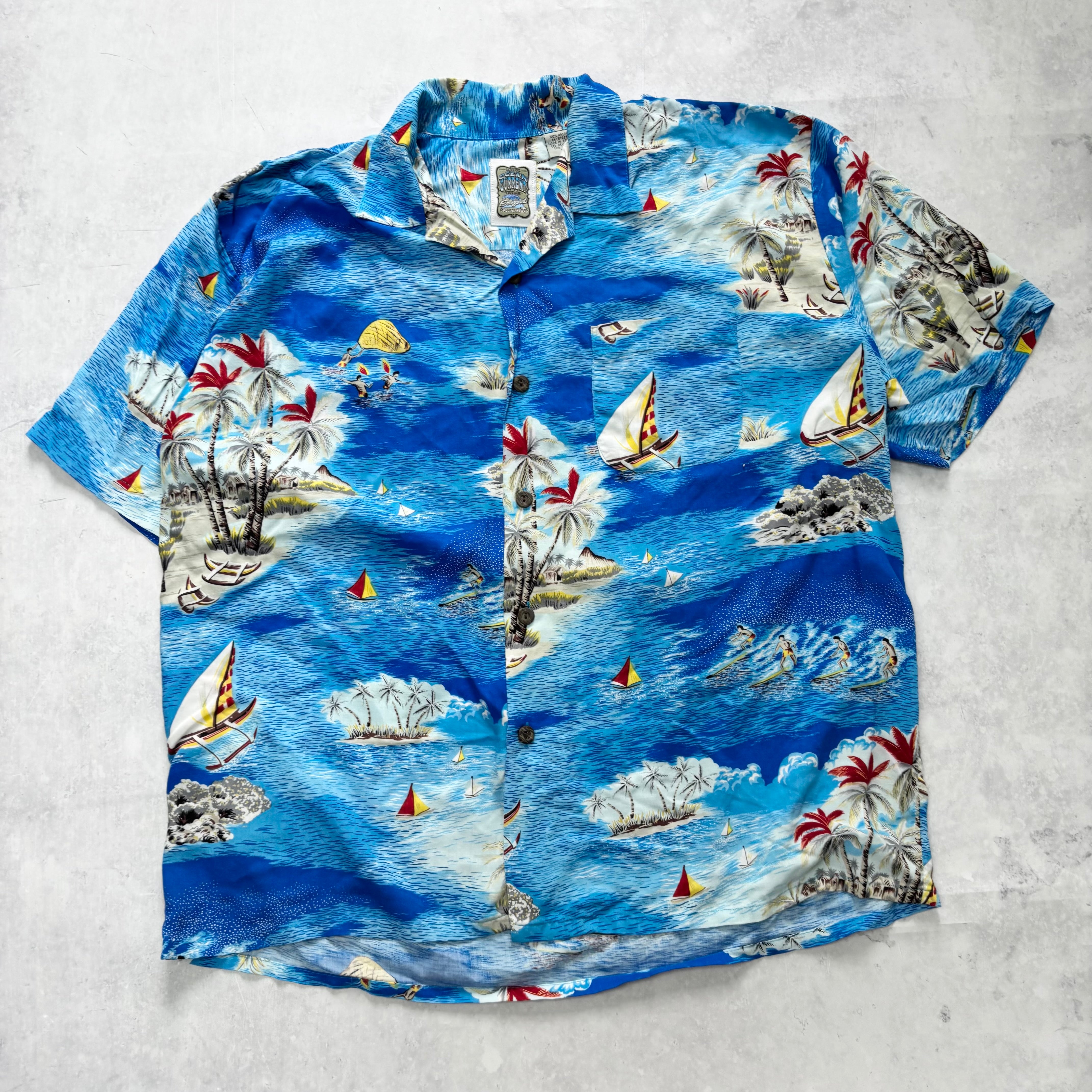 Vintage Hawaiian Shirt Mens Large Blue Floral Aloha Short Sleeve Rayon (E)