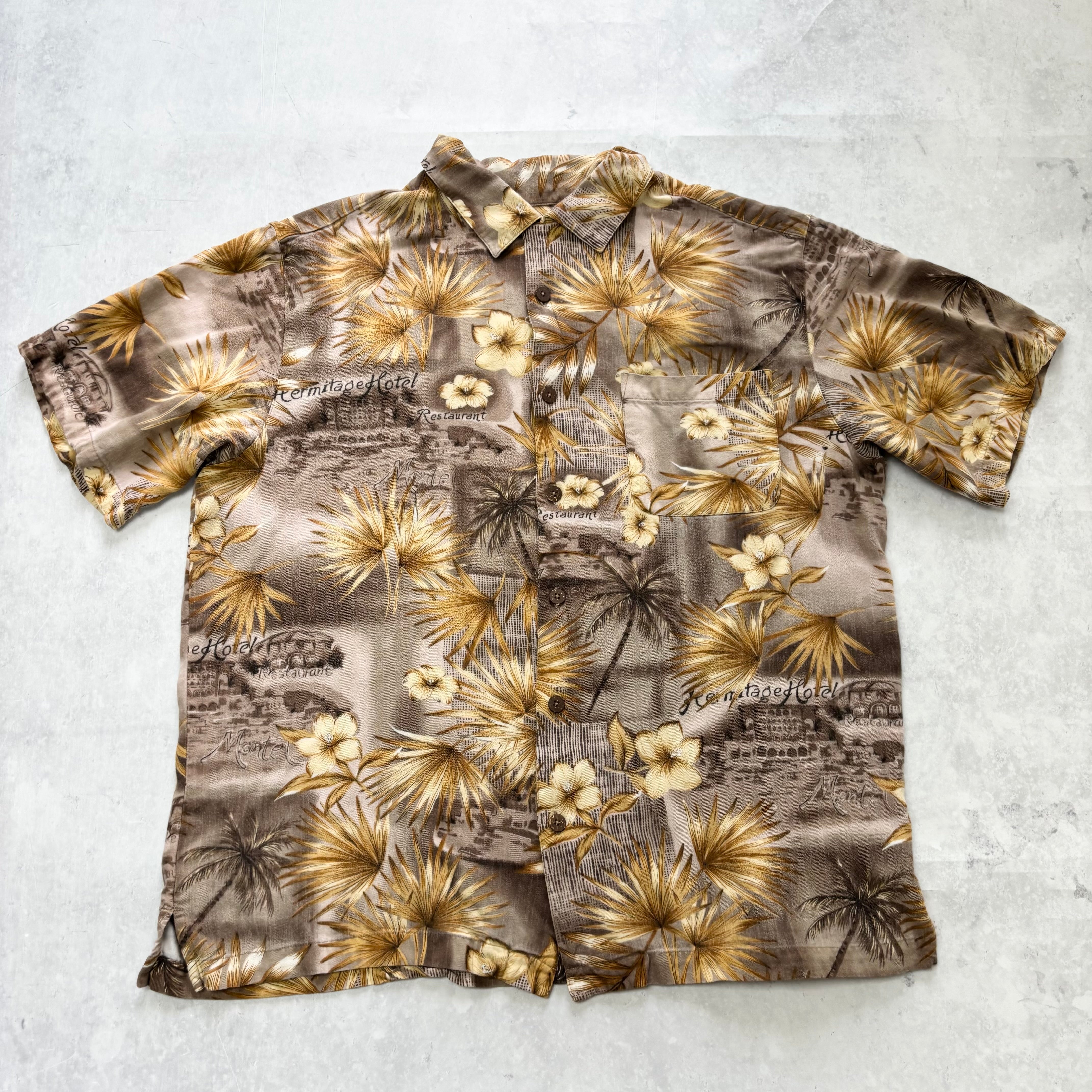 Vintage Hawaiian Shirt Mens Large Brown Floral Aloha Short Sleeve Rayon (E)