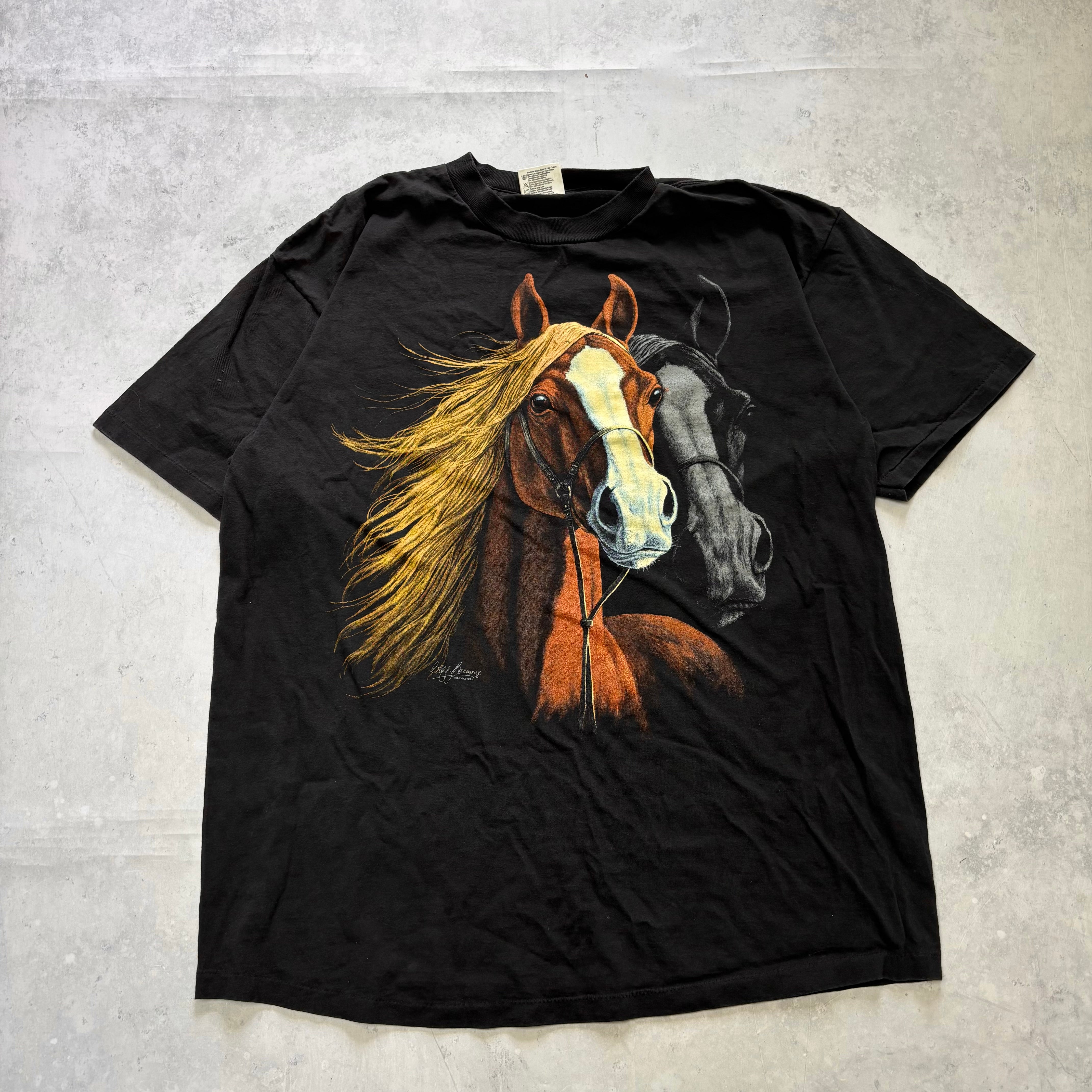 Vintage T Shirt Mens XL Black Single Stitch Graphic Print 90s USA Horses (E)