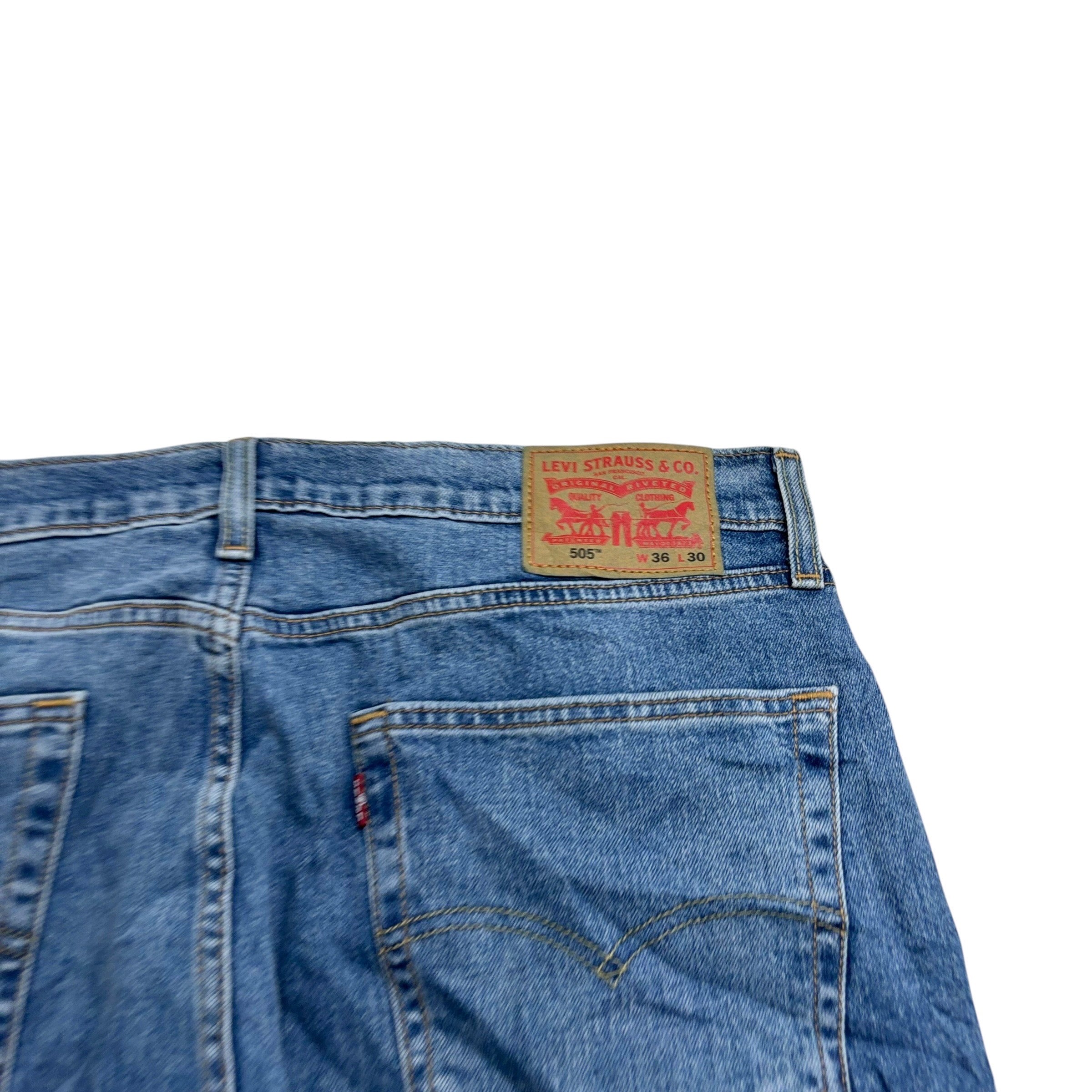 Levis 505 Jeans W36 L32 Mens Mid Blue Regular Straight Fit Stretch Denim (E)