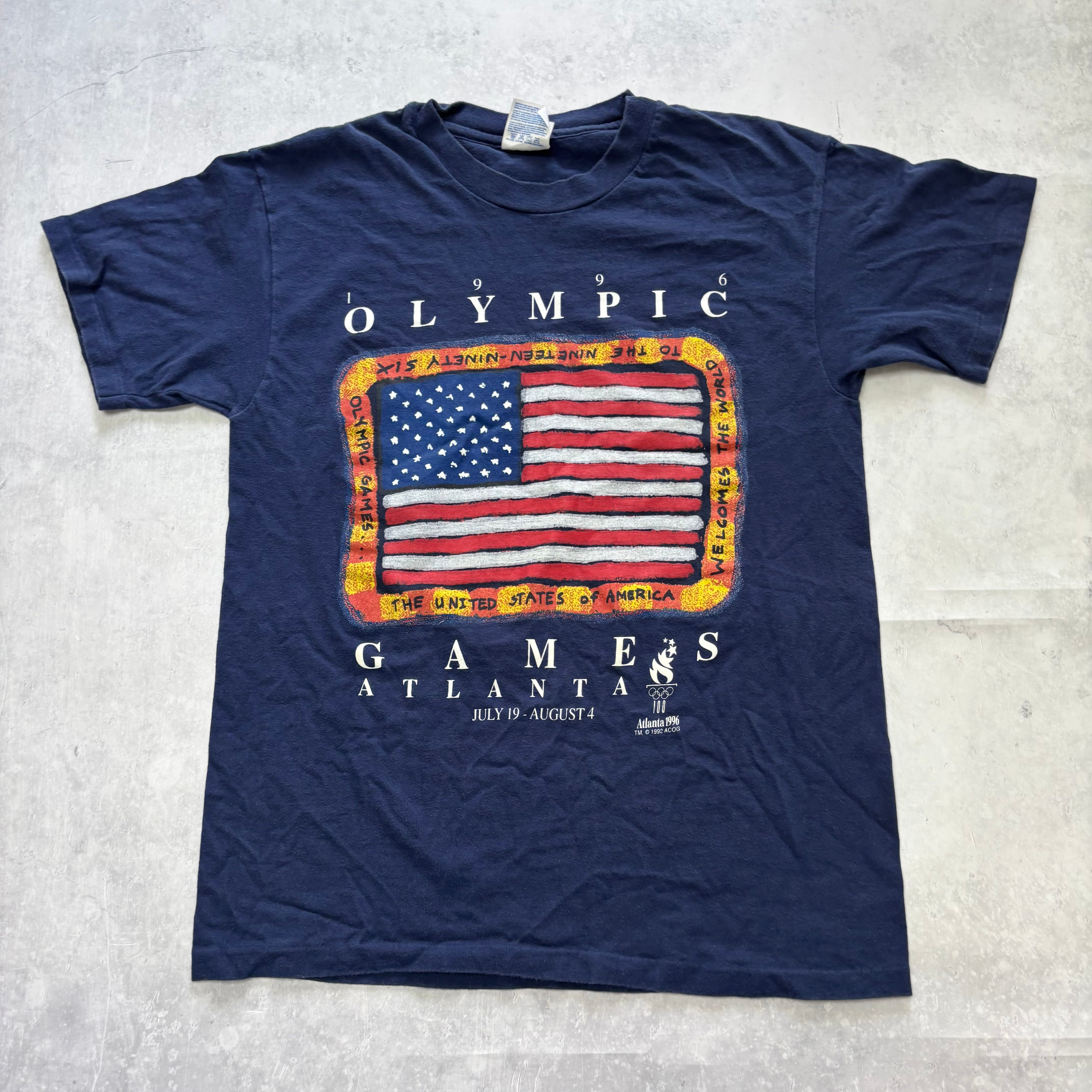 Vintage T Shirt Mens Small Navy Blue Single Stitch Graphic Print 90s Olympics (E)