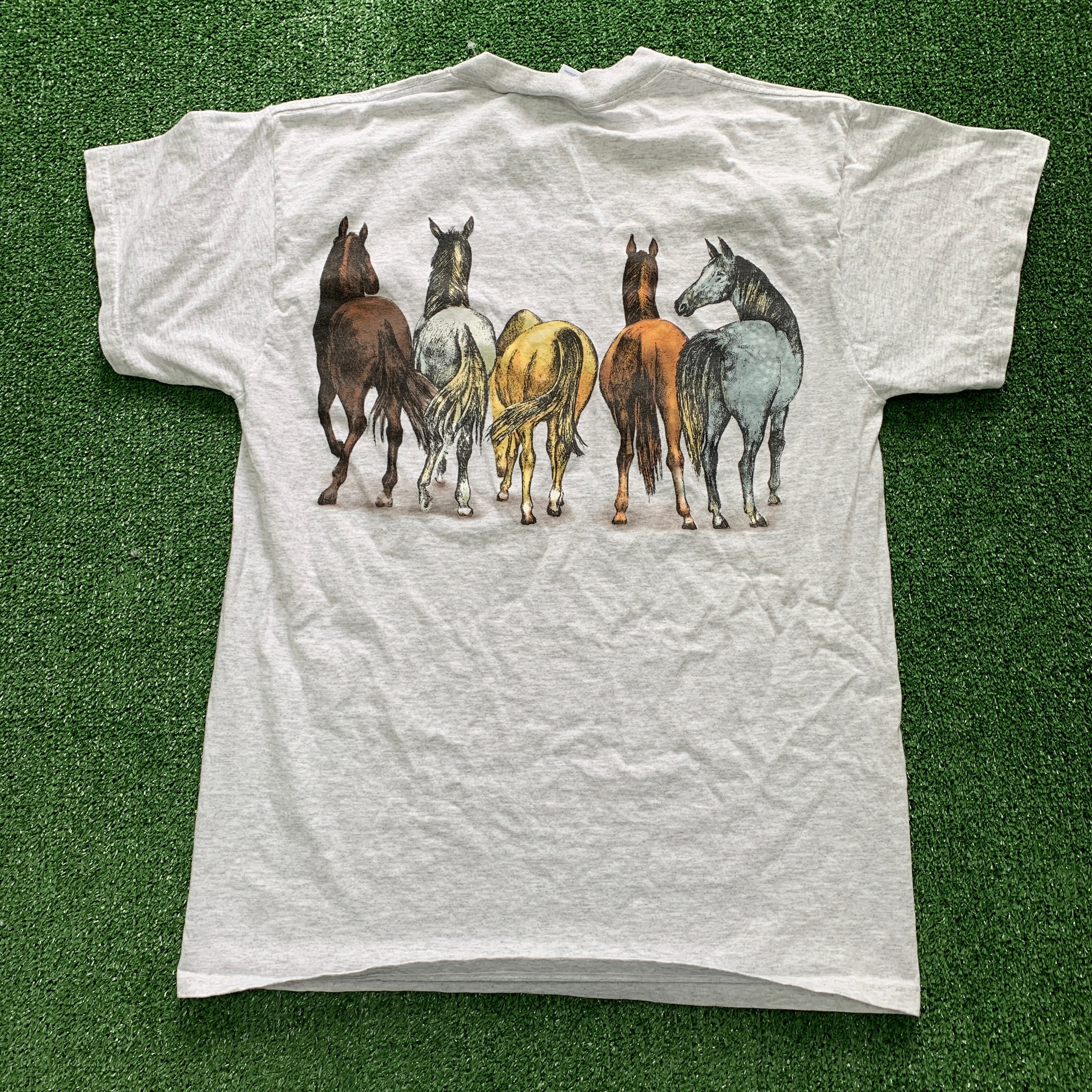 Vintage T Shirt Mens Medium Grey Graphic Print 00s USA Tourist Horses