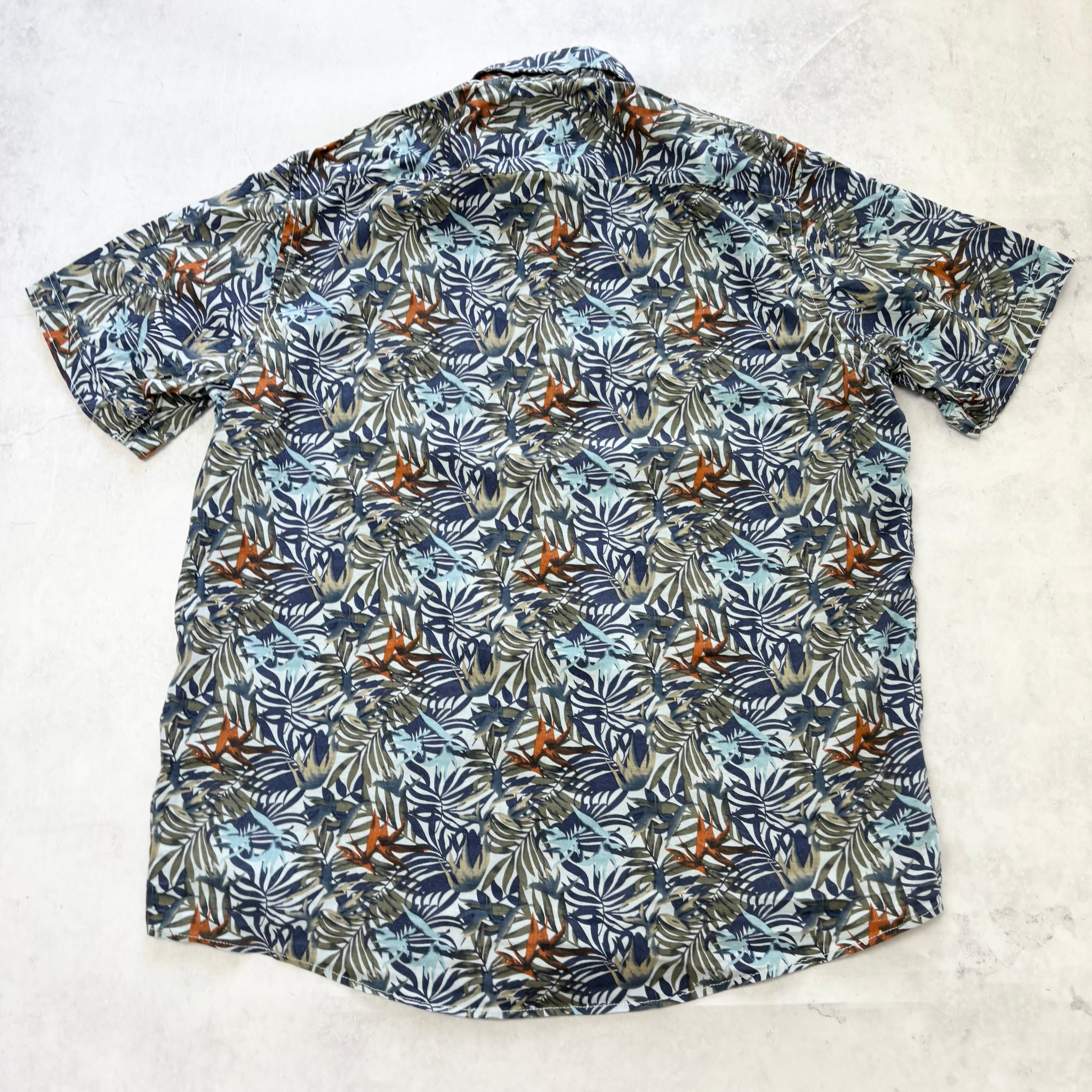Hawaiian Shirt Mens XL Blue Floral Aloha Short Sleeve Linen (E)