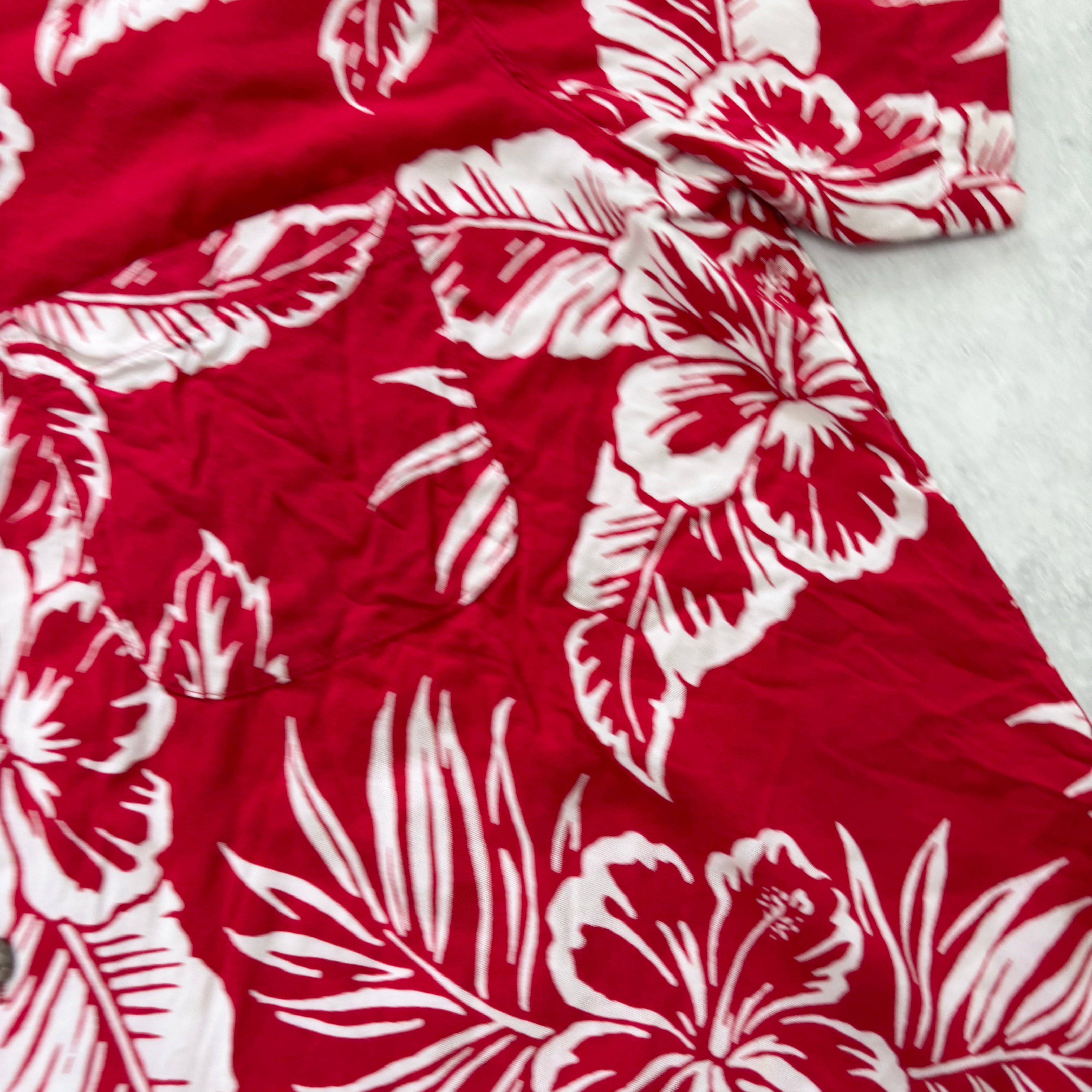 Hawaiian Shirt Mens Large Red Floral Aloha Short Sleeve Rayon (E)