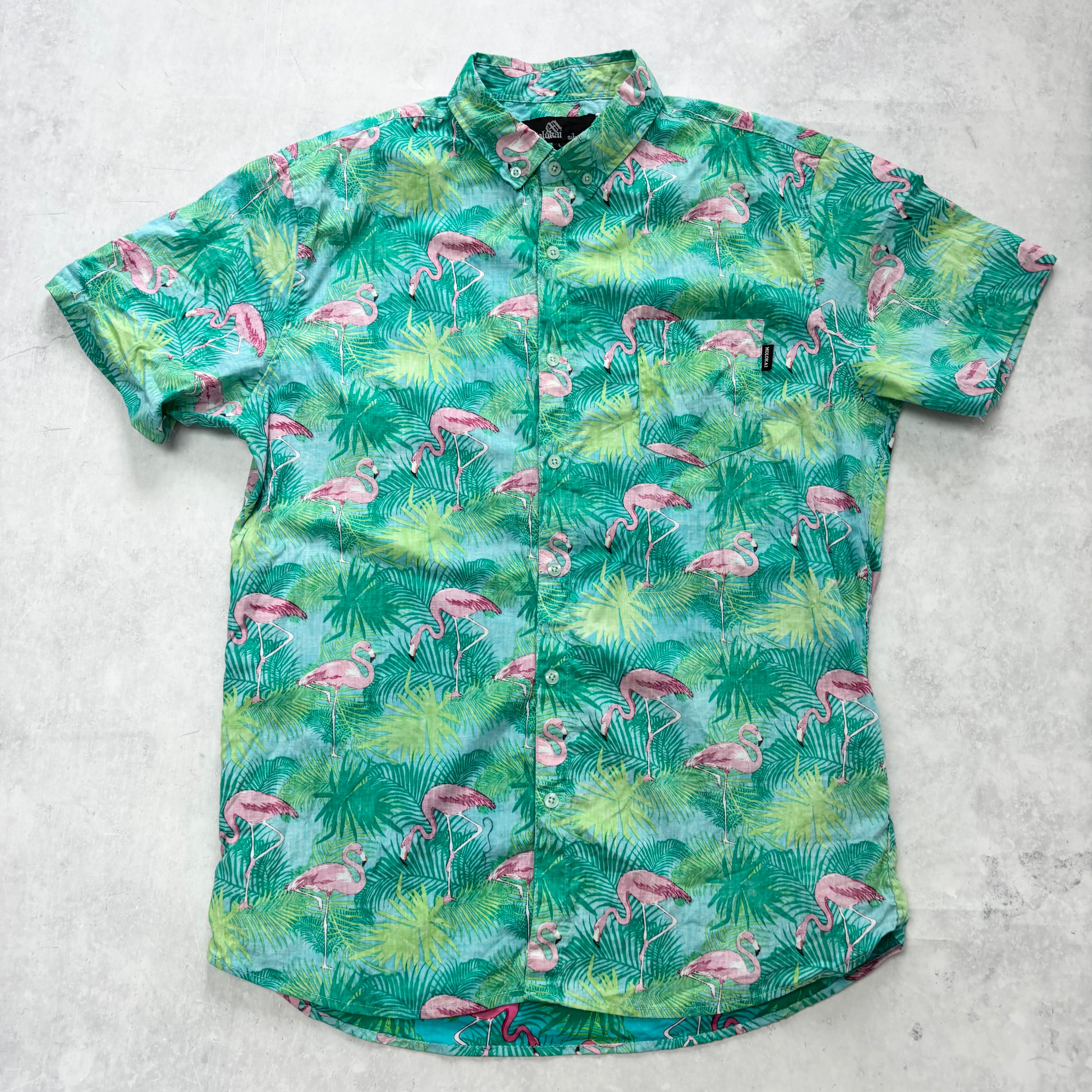 Hawaiian Shirt Mens Large Green Floral Aloha Short Sleeve Cotton (E)