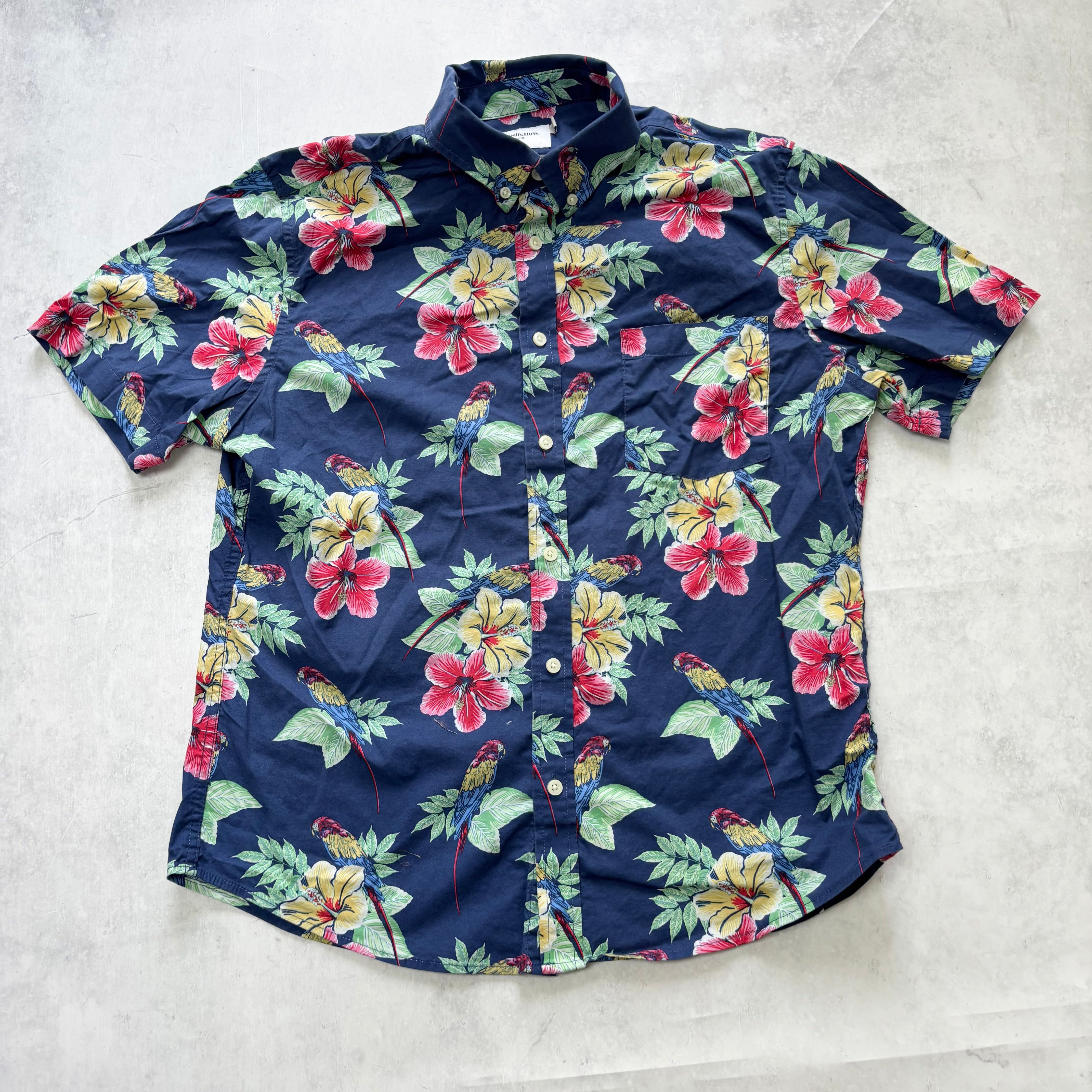 Hawaiian Shirt Mens Large Blue Floral Aloha Short Sleeve Cotton Slim Fit (E)