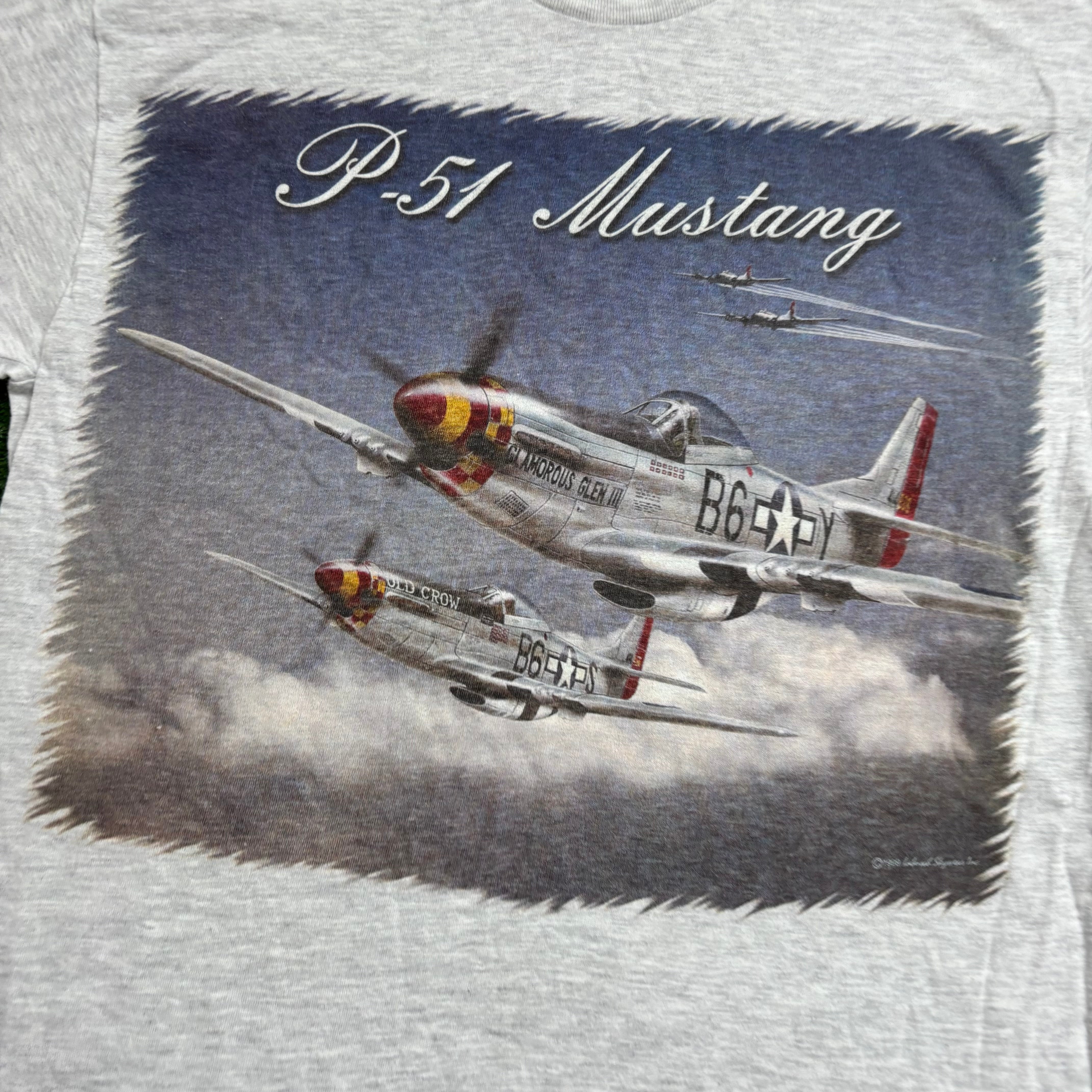 Vintage T Shirt Mens Medium Grey Graphic Print 90s USA Plane Hanes Beefy (E)