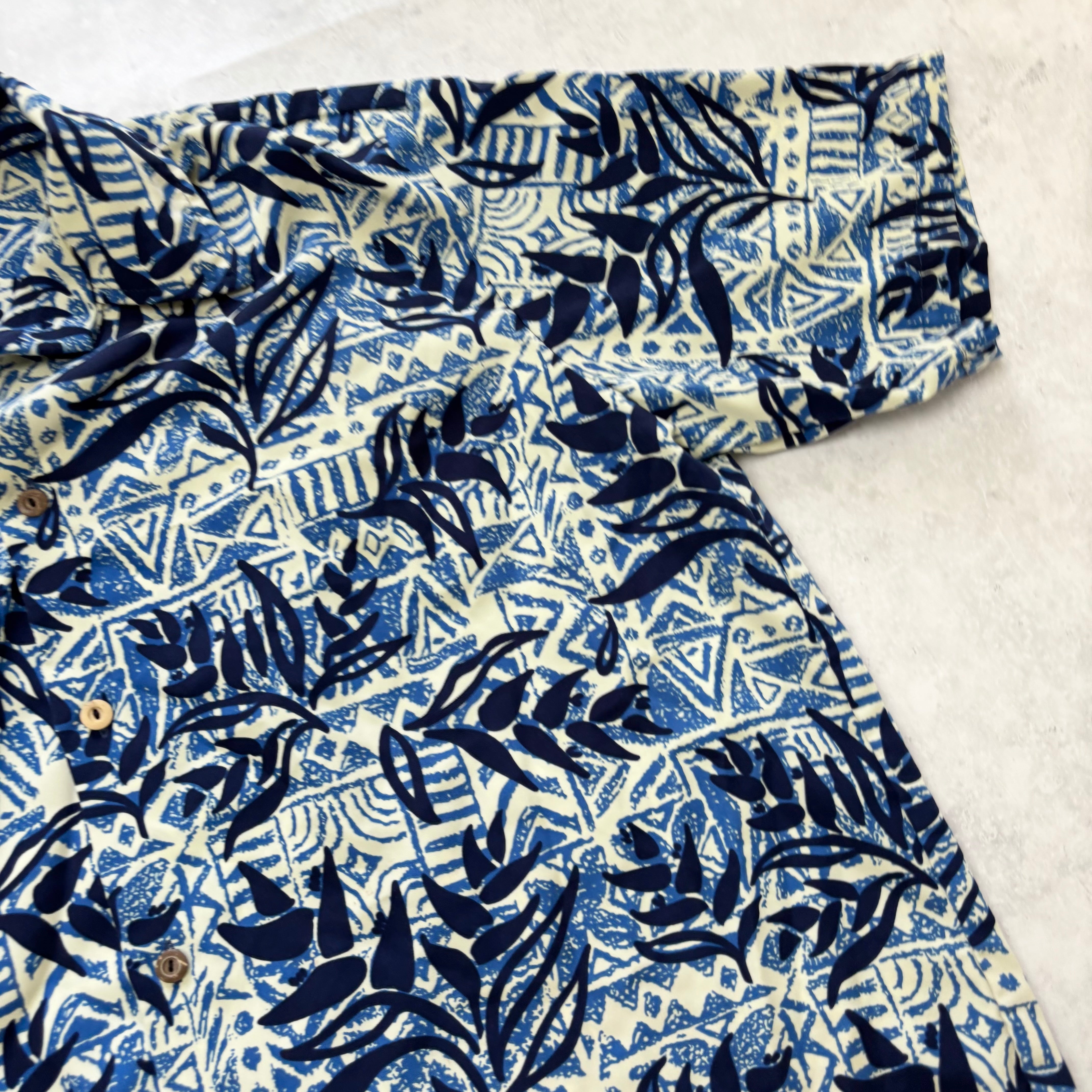 Vintage Hawaiian Shirt Mens Large Blue Floral Aloha Short Sleeve (E)
