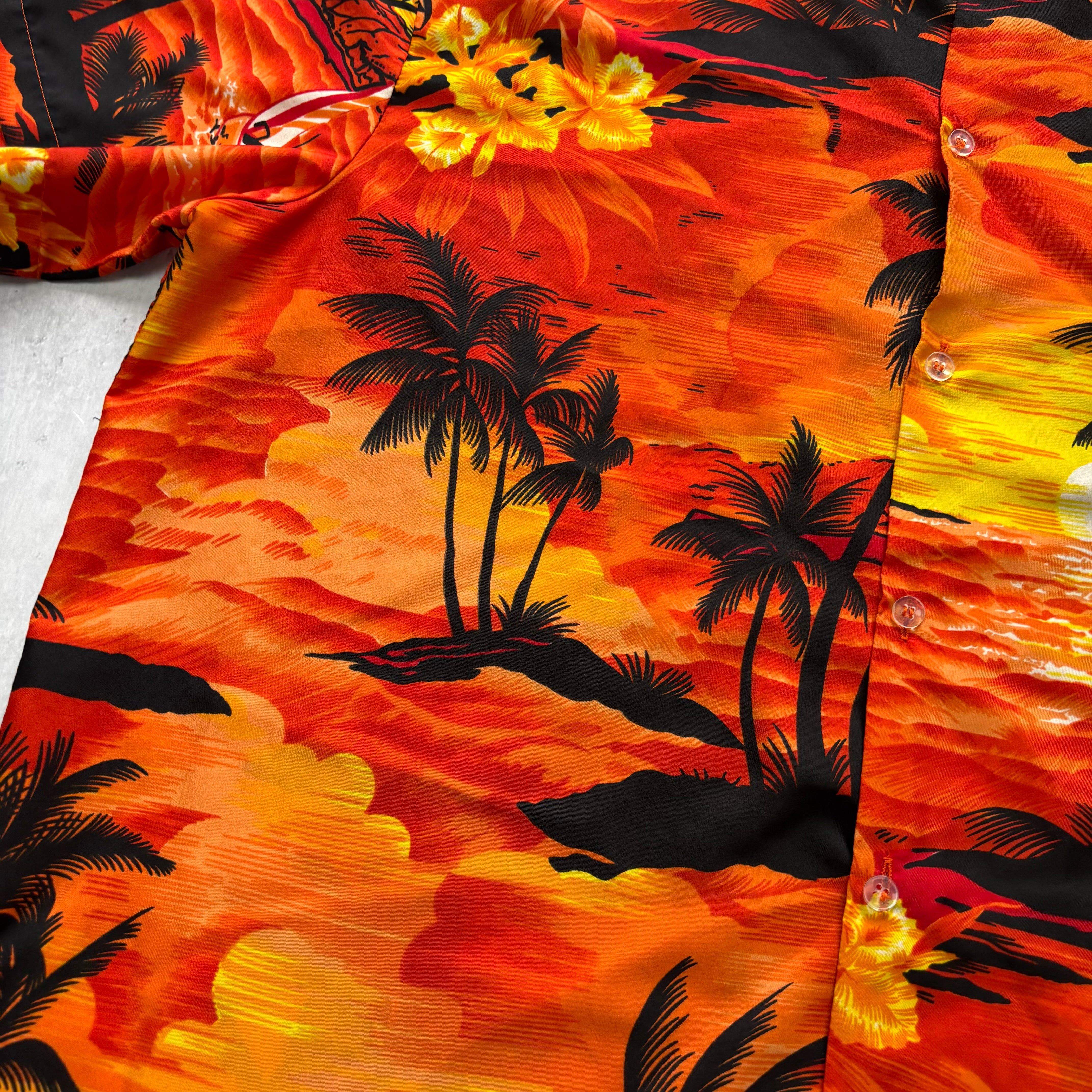 Hawaiian Shirt Mens Large Orange Floral Aloha Short Sleeve Polyester (E)