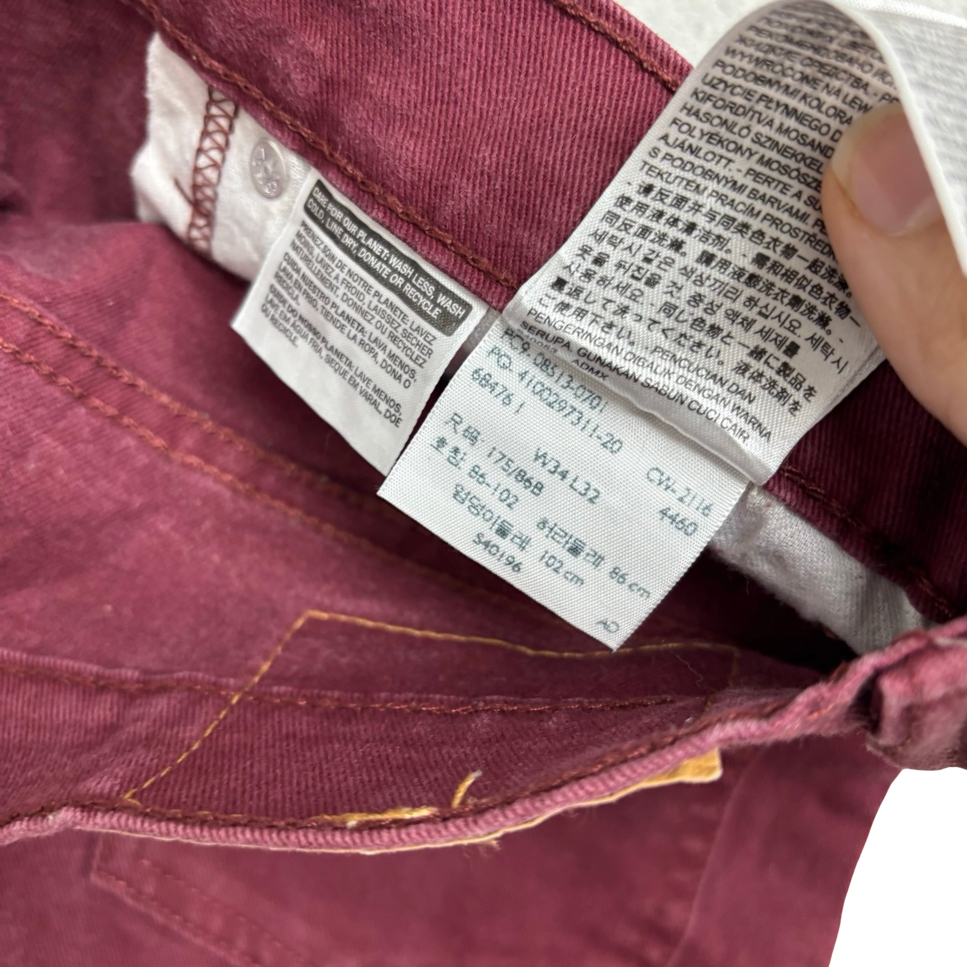 Levis 513 Jeans W34 L32 Mens Burgundy Slim Straight Fit Stretch Denim (E)