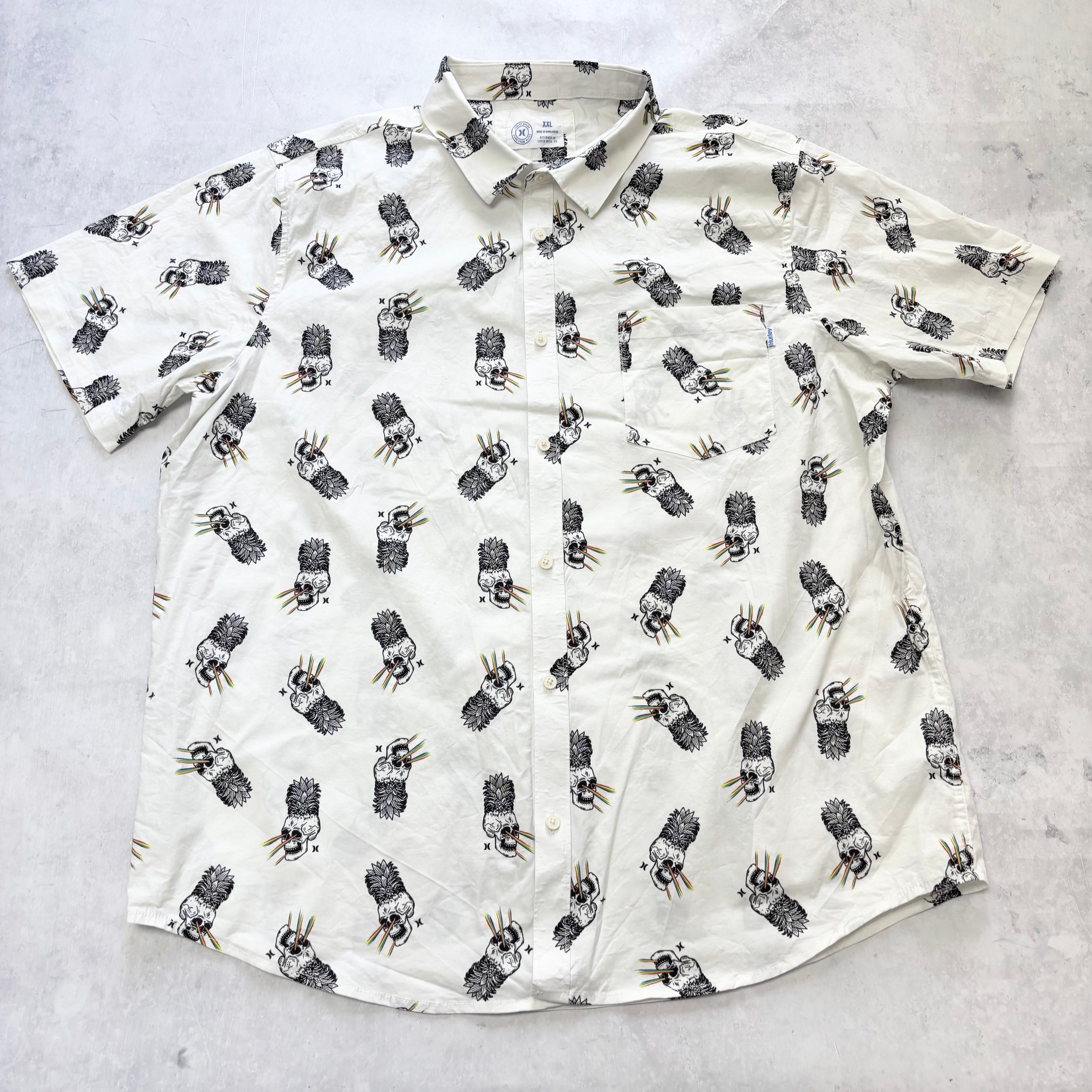 Hurley Shirt Mens XXL White Skulls Short Sleeve Cotton Stretch (E)