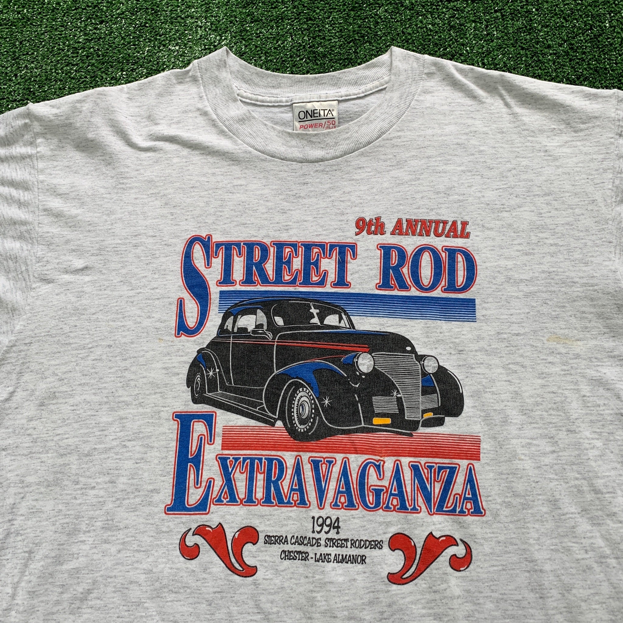 Vintage T Shirt Mens Large Grey Single Stitch Graphic Print 90s USA Hot Rod