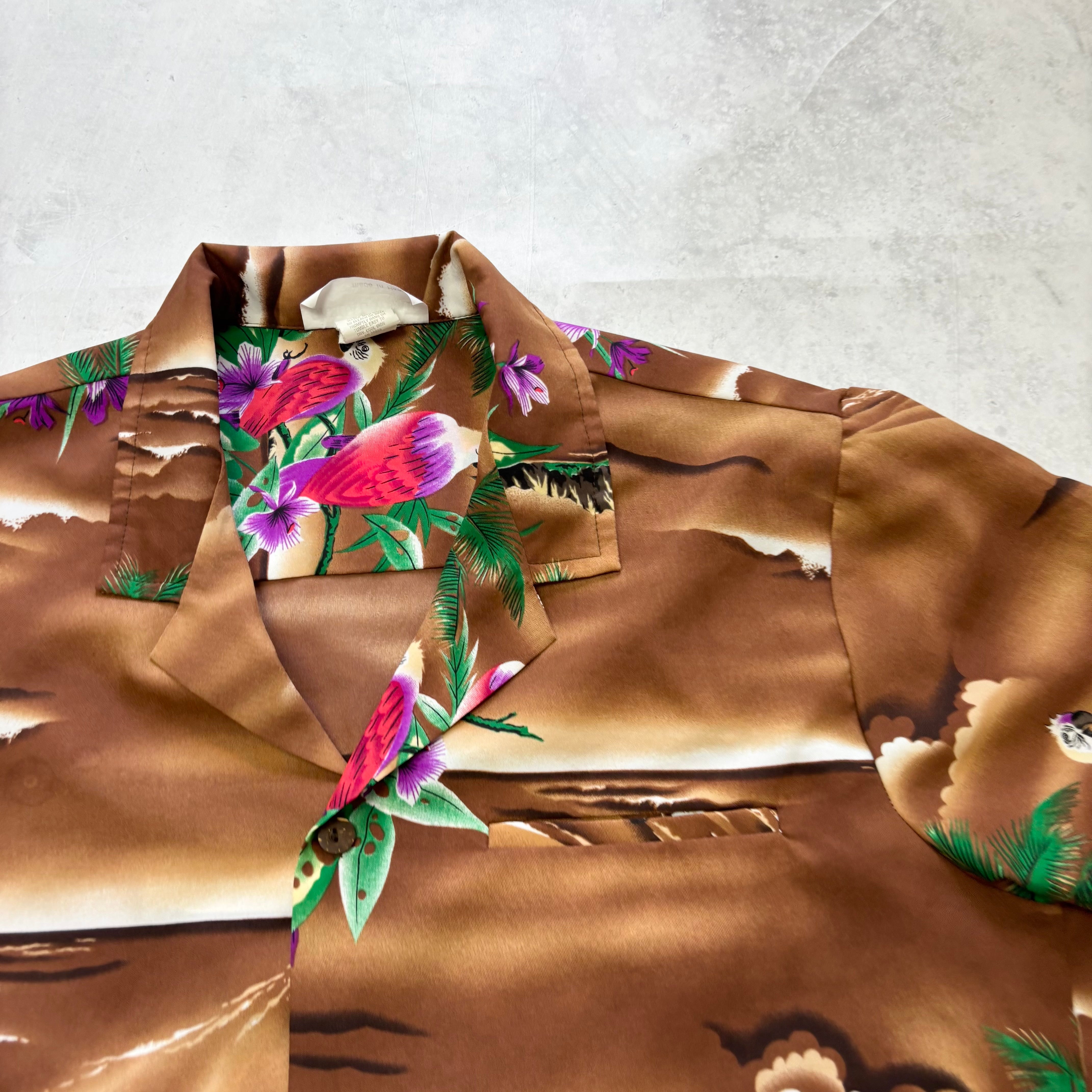 Vintage Hawaiian Shirt Mens Medium Brown Floral Aloha Short Sleeve Polyester