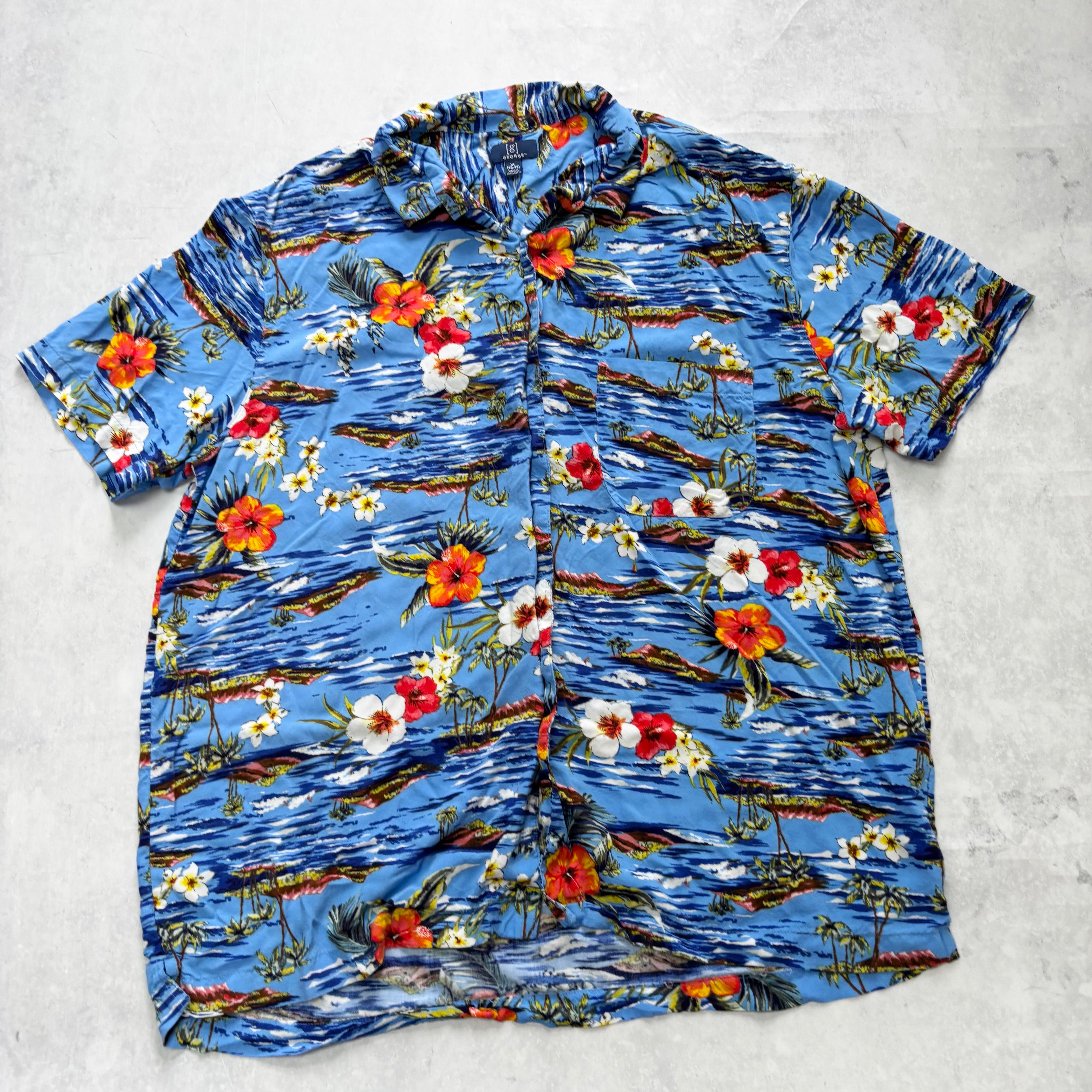Hawaiian Shirt Mens XL Blue Floral Aloha Short Sleeve Rayon (E)