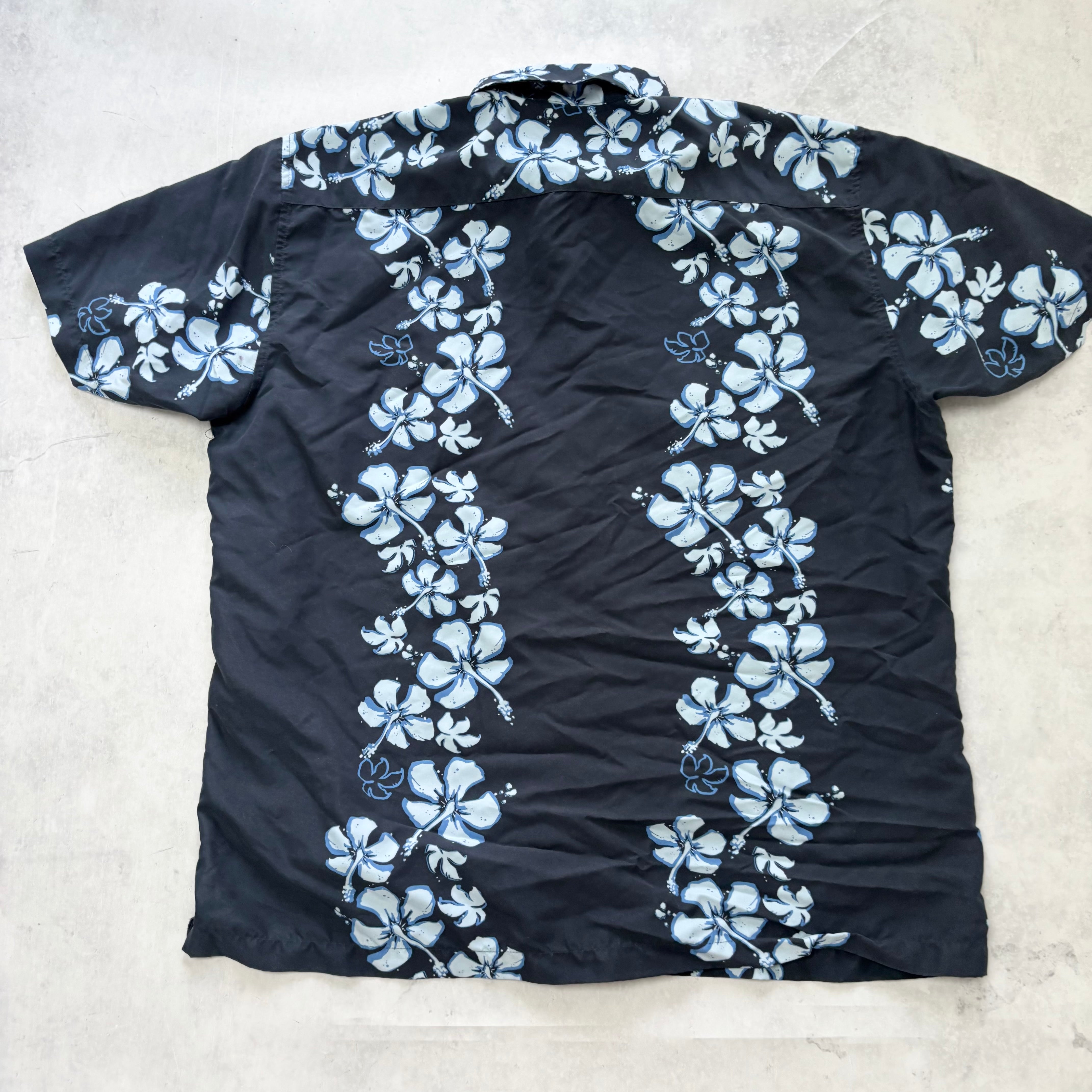 Hawaiian Shirt Mens XL Navy Blue Floral Aloha Short Sleeve Polyester (E)