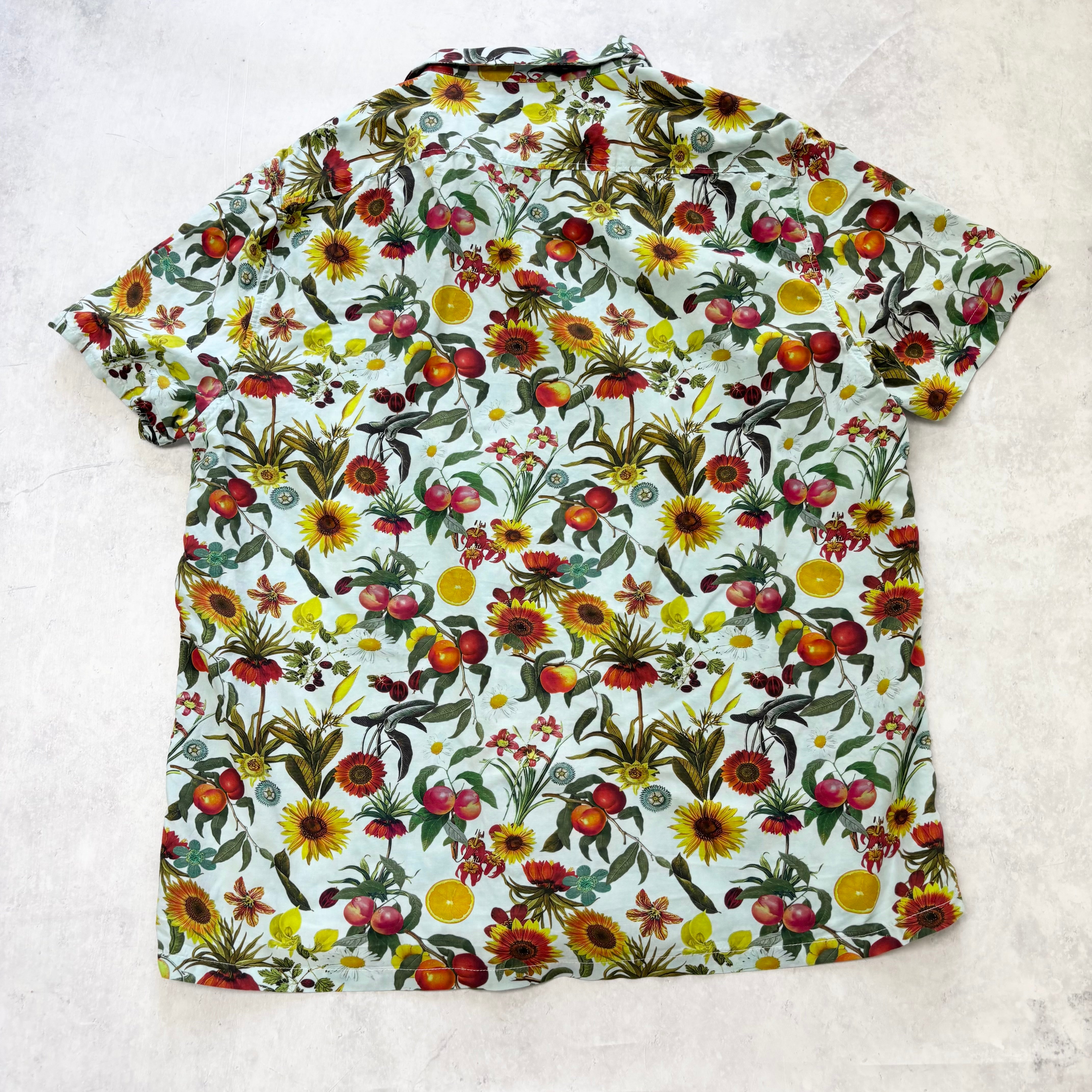 Hawaiian Shirt Mens Large Blue Floral Aloha Short Sleeve Viscose Blend (E)