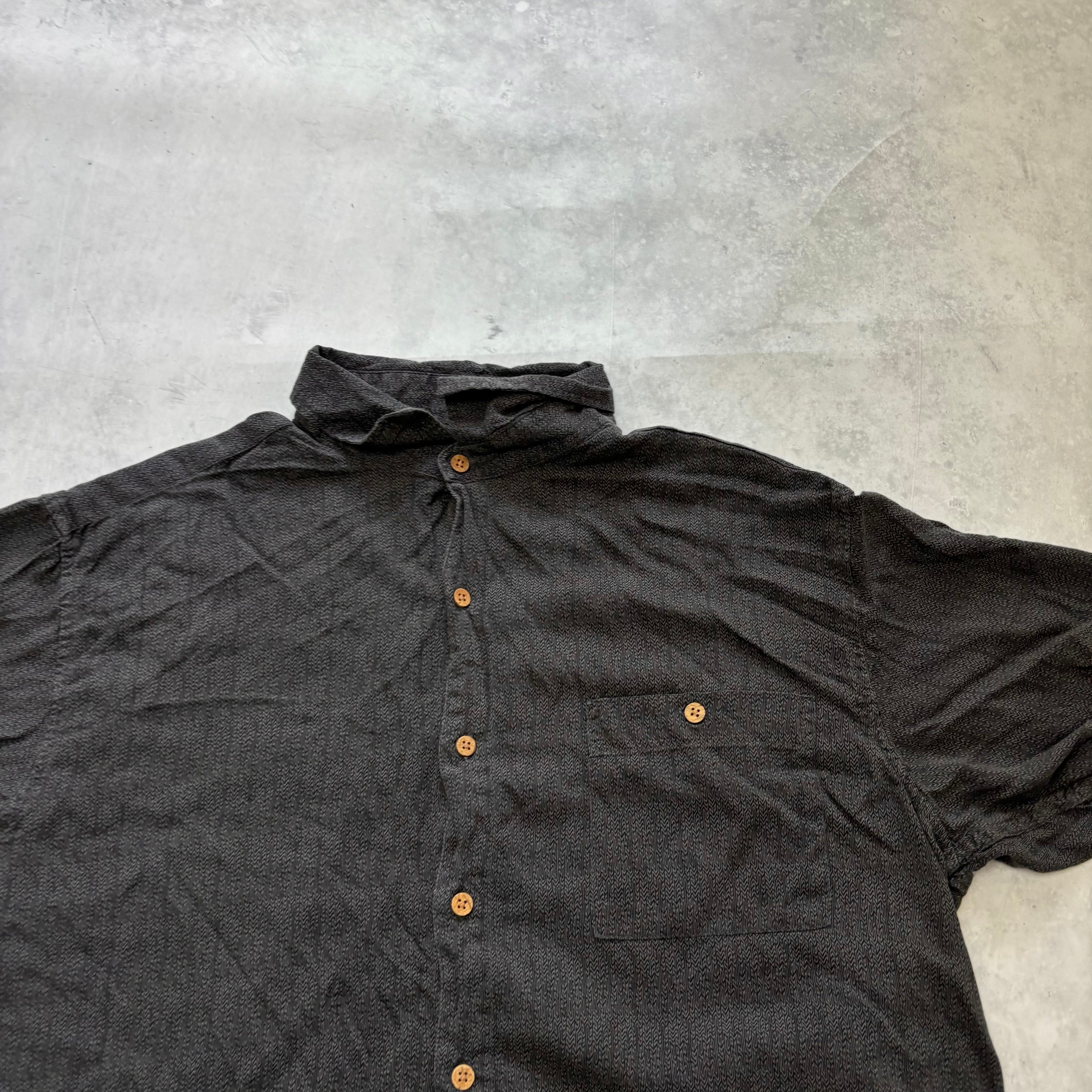 Mens Shirt Black Large Short Sleeve Rayon Black Pattern (E)