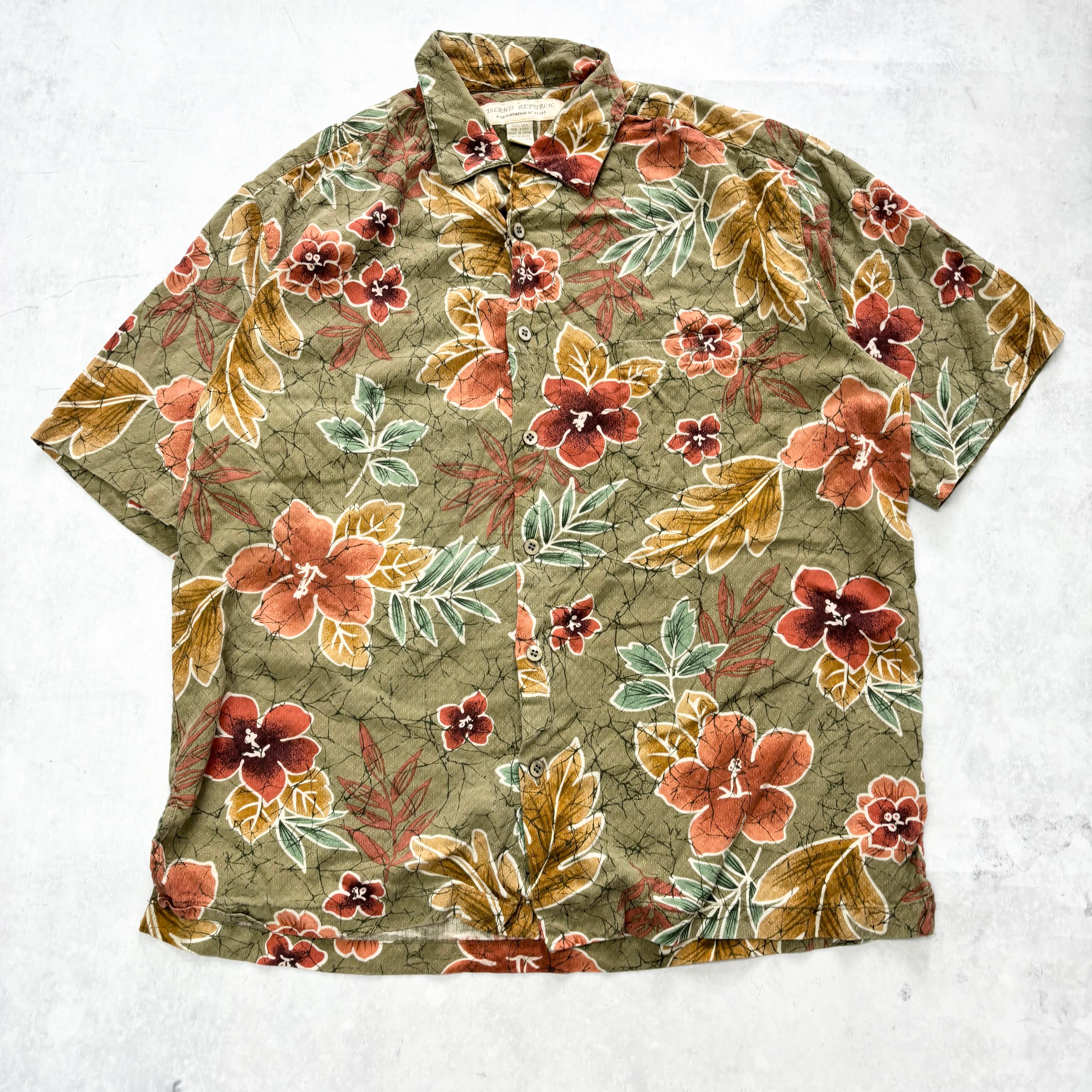 Vintage Hawaiian Shirt Mens Large Green Floral Aloha Short Sleeve Silk (E)