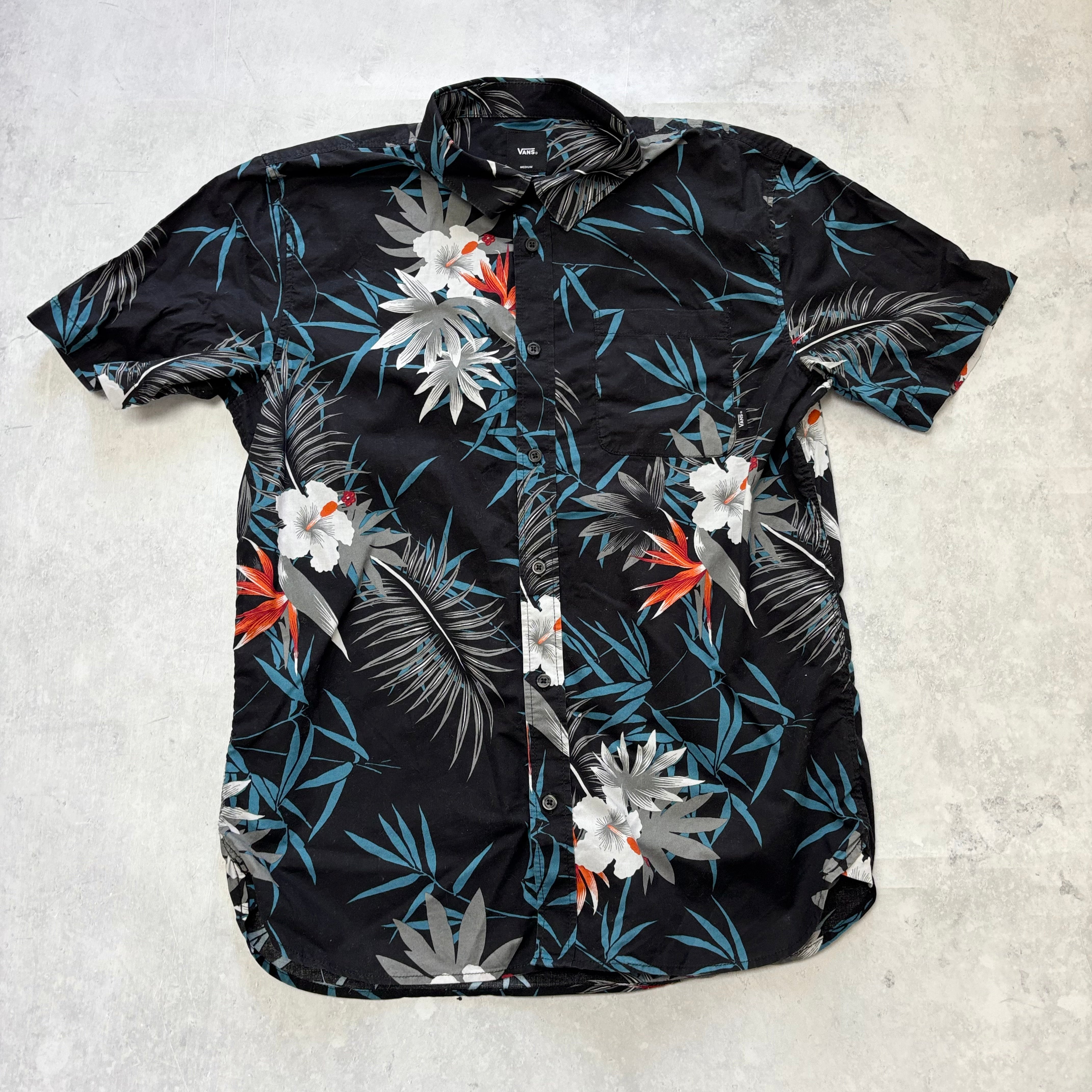 Vans Hawaiian Shirt Mens Medium Black Cotton Floral Aloha Short Sleeve (E)