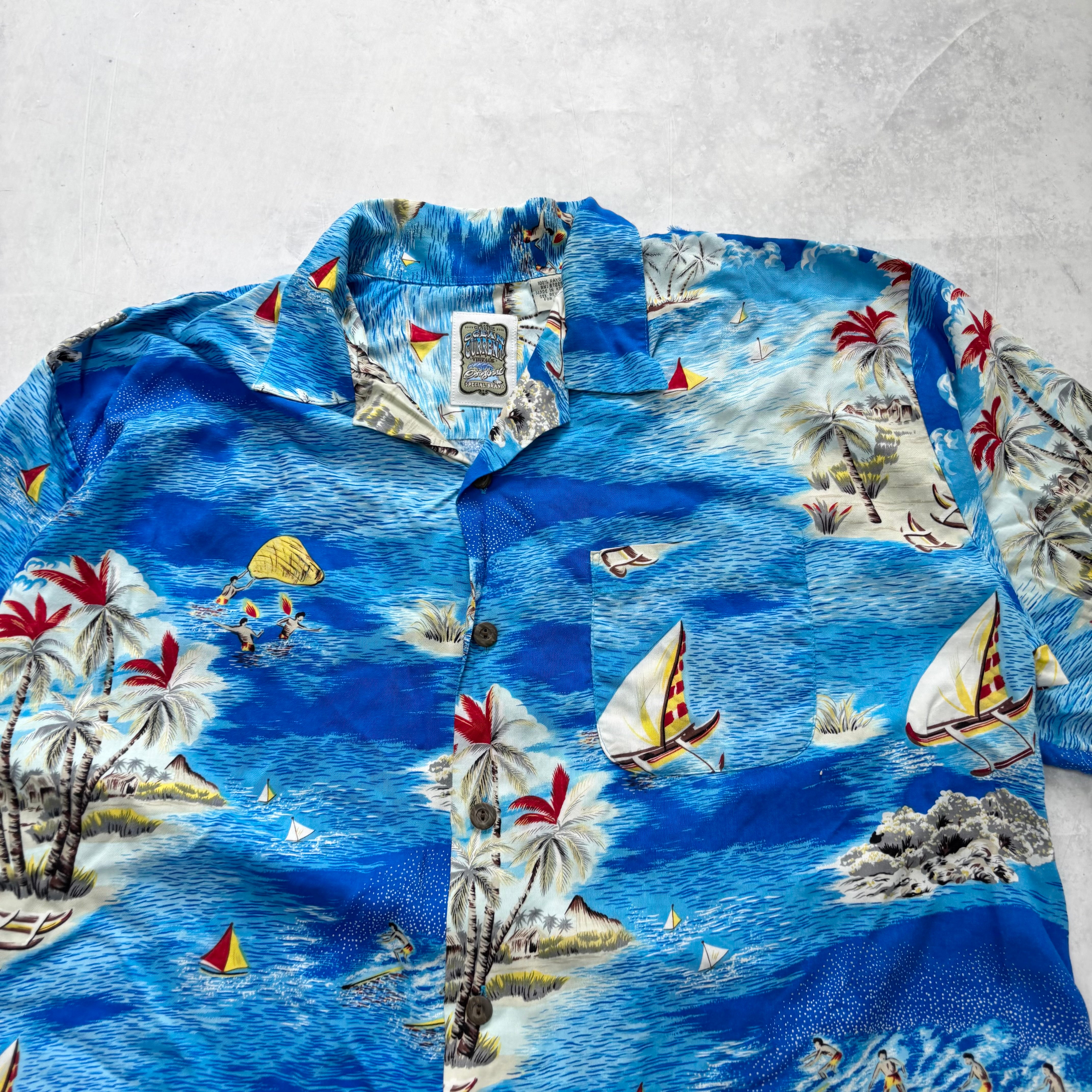 Vintage Hawaiian Shirt Mens Large Blue Floral Aloha Short Sleeve Rayon (E)