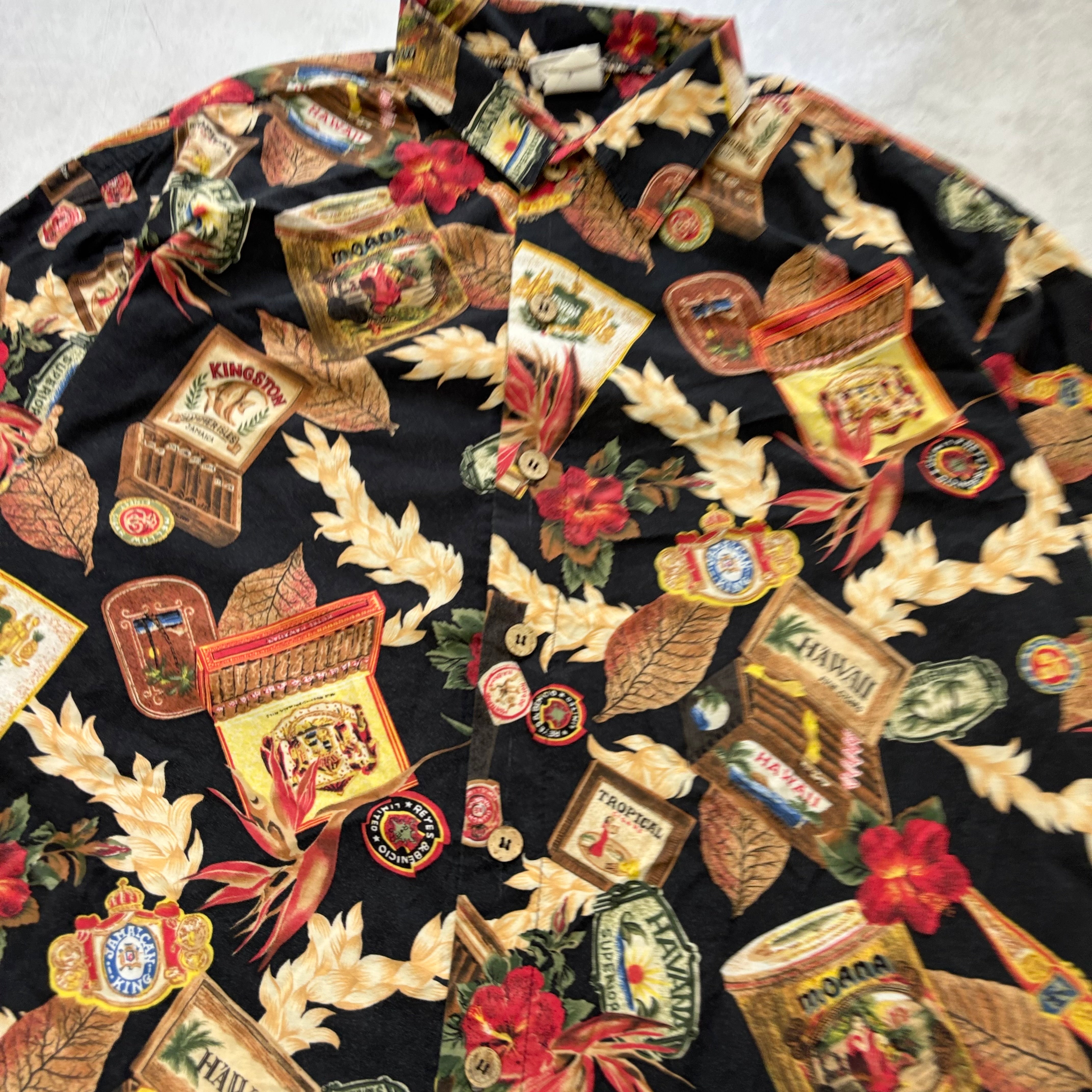 Vintage Hawaiian Shirt Mens Large Black Floral Aloha Short Sleeve Cotton (E)