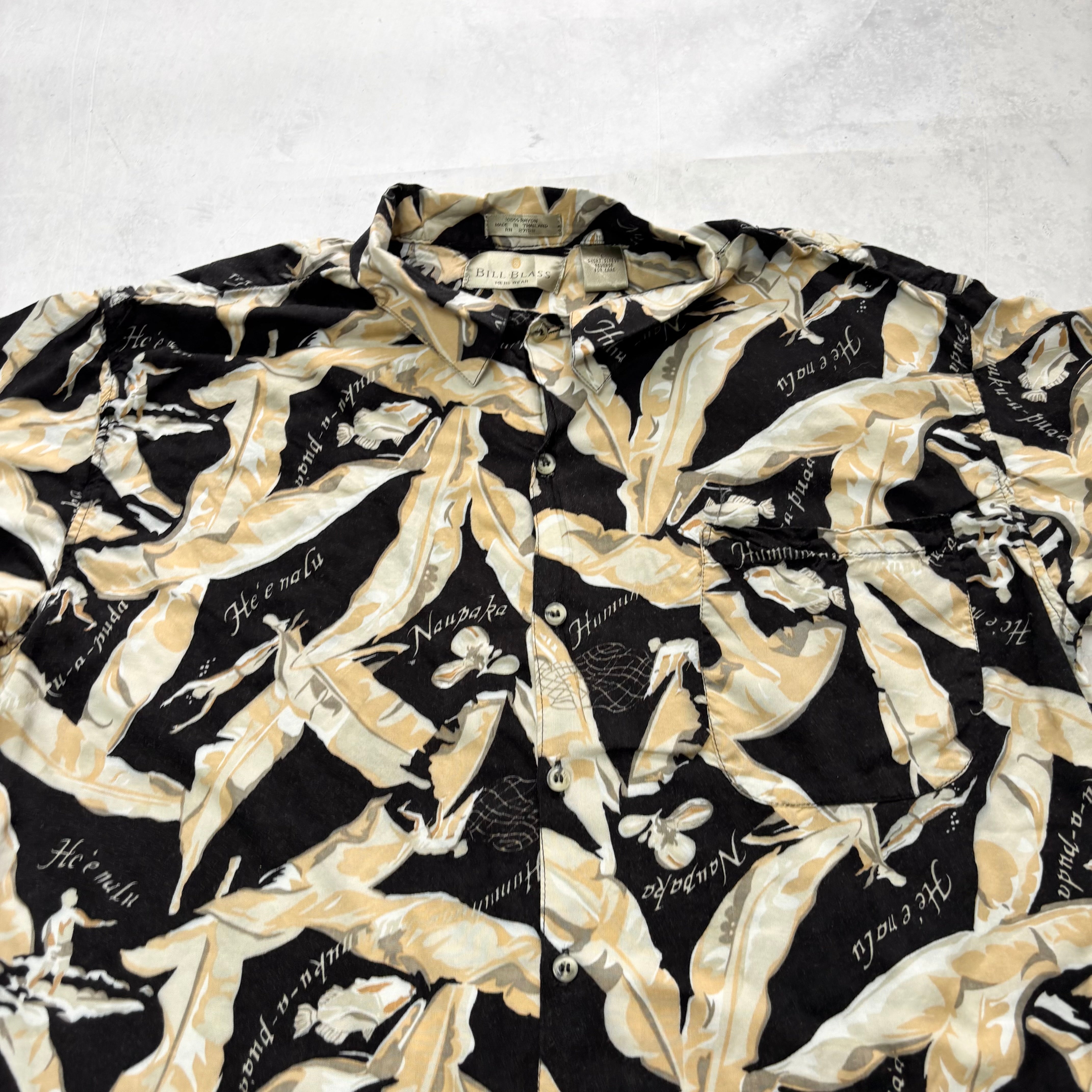 Hawaiian Shirt Mens Large Black Floral Aloha Short Sleeve Rayon (E)