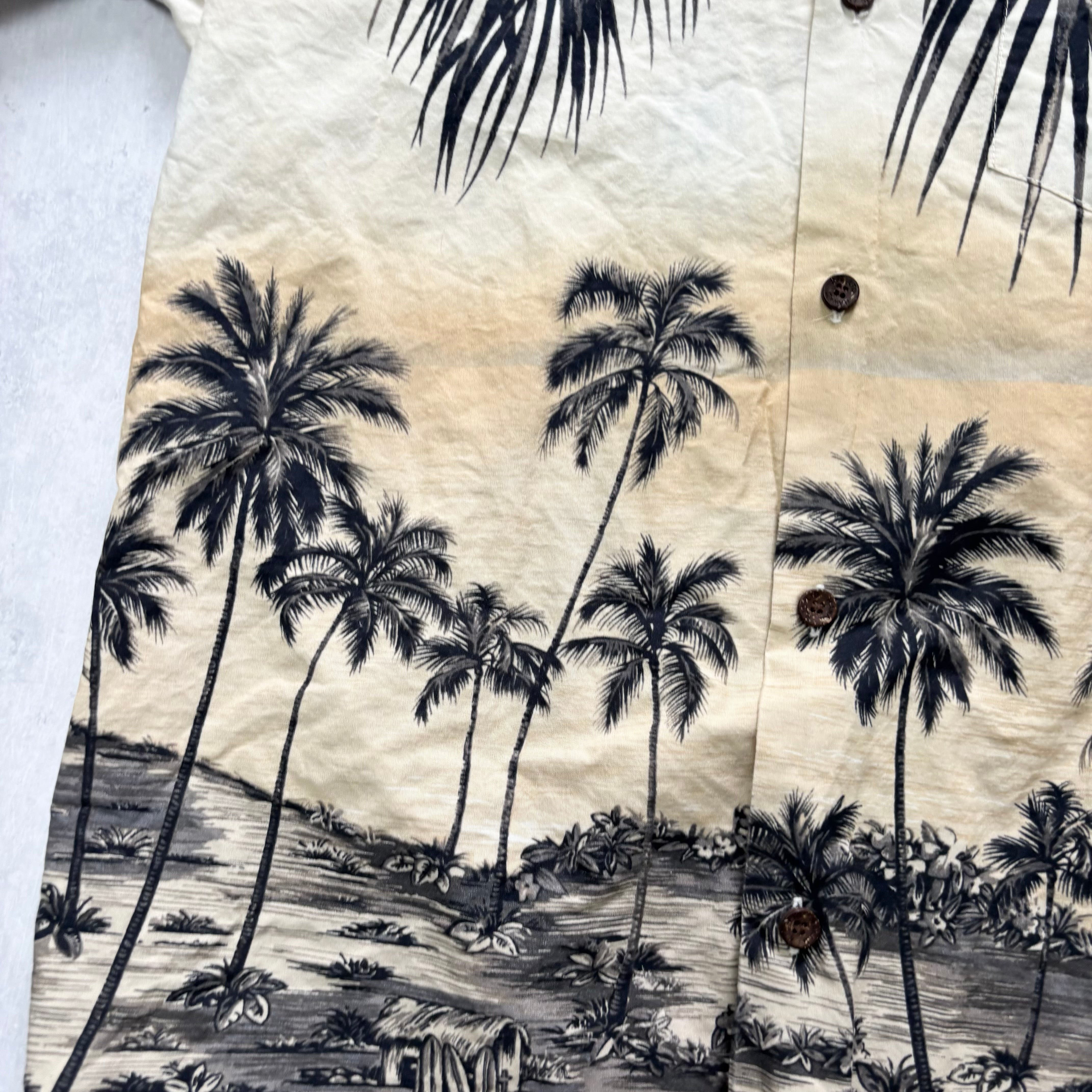 Vintage Hawaiian Shirt Mens Medium Cream Short Sleeve Cotton Regular Fit (E)