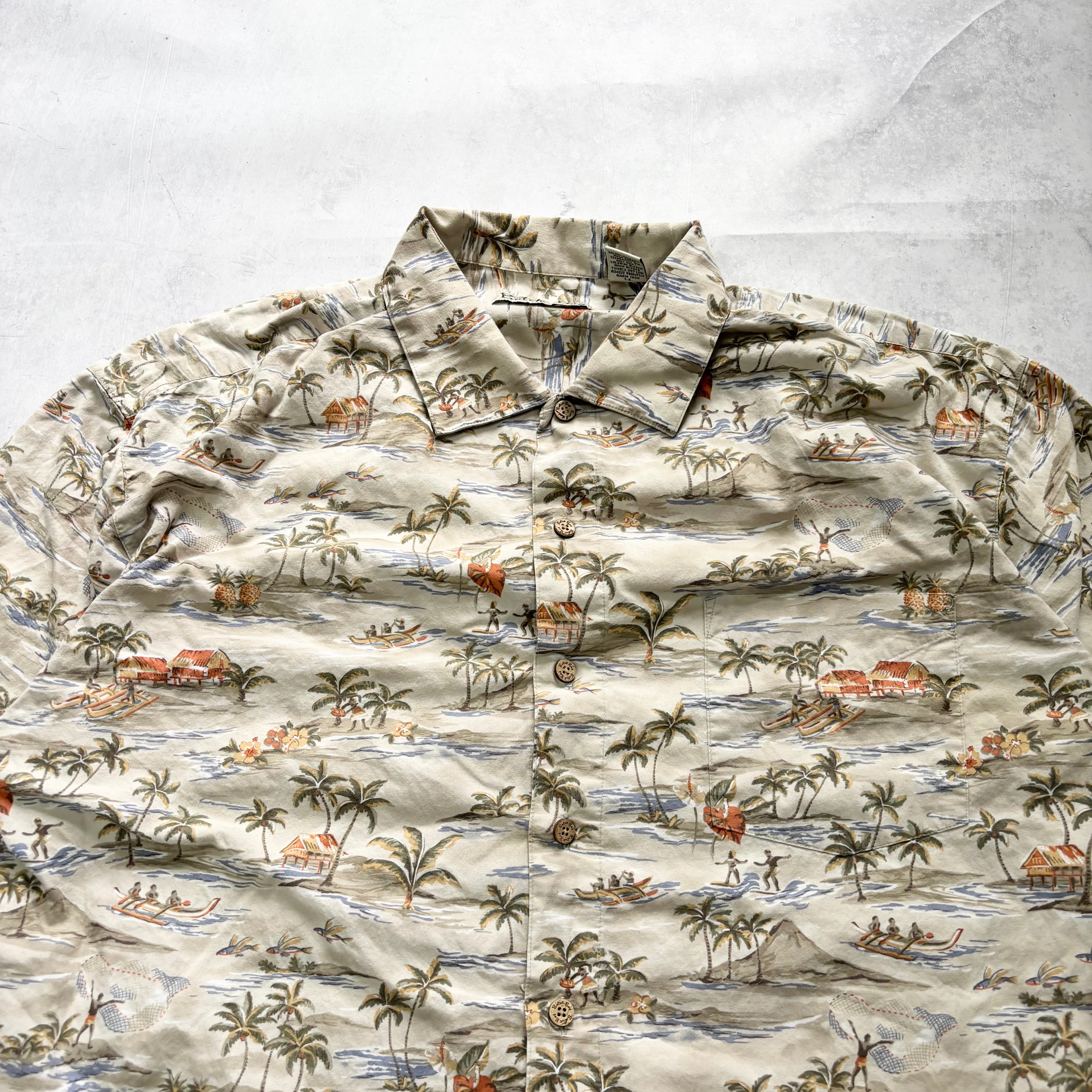 Vintage Hawaiian Shirt Mens XXL Beige Floral Aloha Short Sleeve Cotton (E)