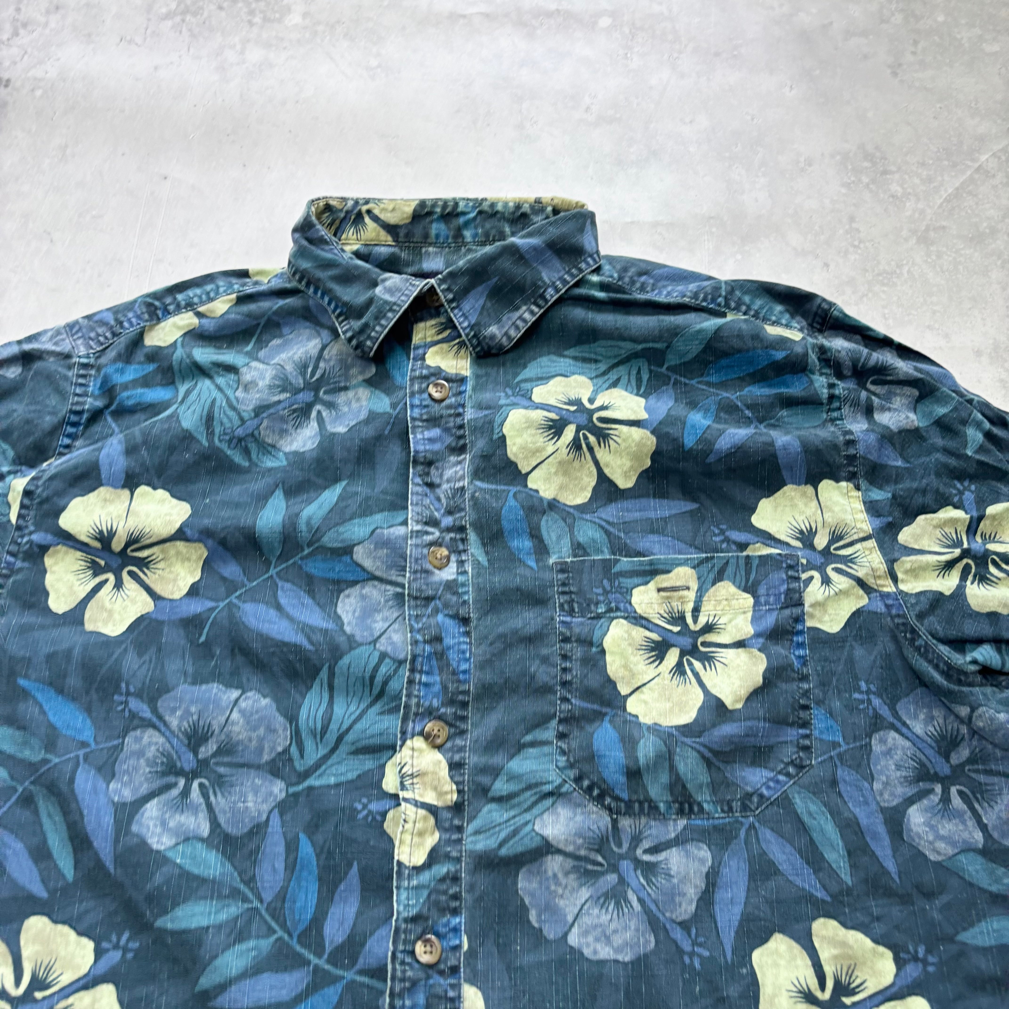 Hawaiian Shirt Mens Large Blue Floral Aloha Short Sleeve Cotton
