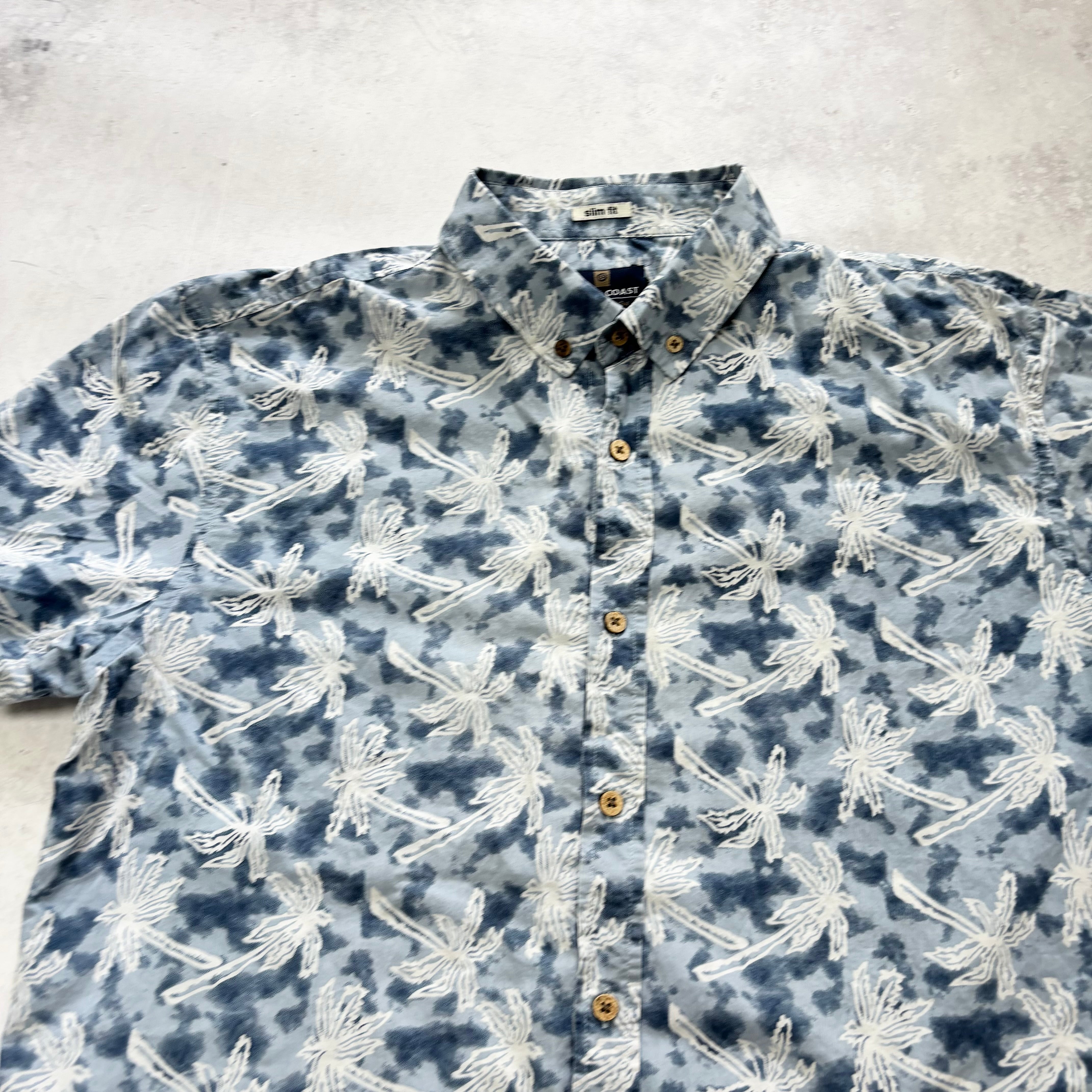 Hawaiian Shirt Mens Large Blue Aloha Floral Short Sleeve Cotton Slim Fit (E)
