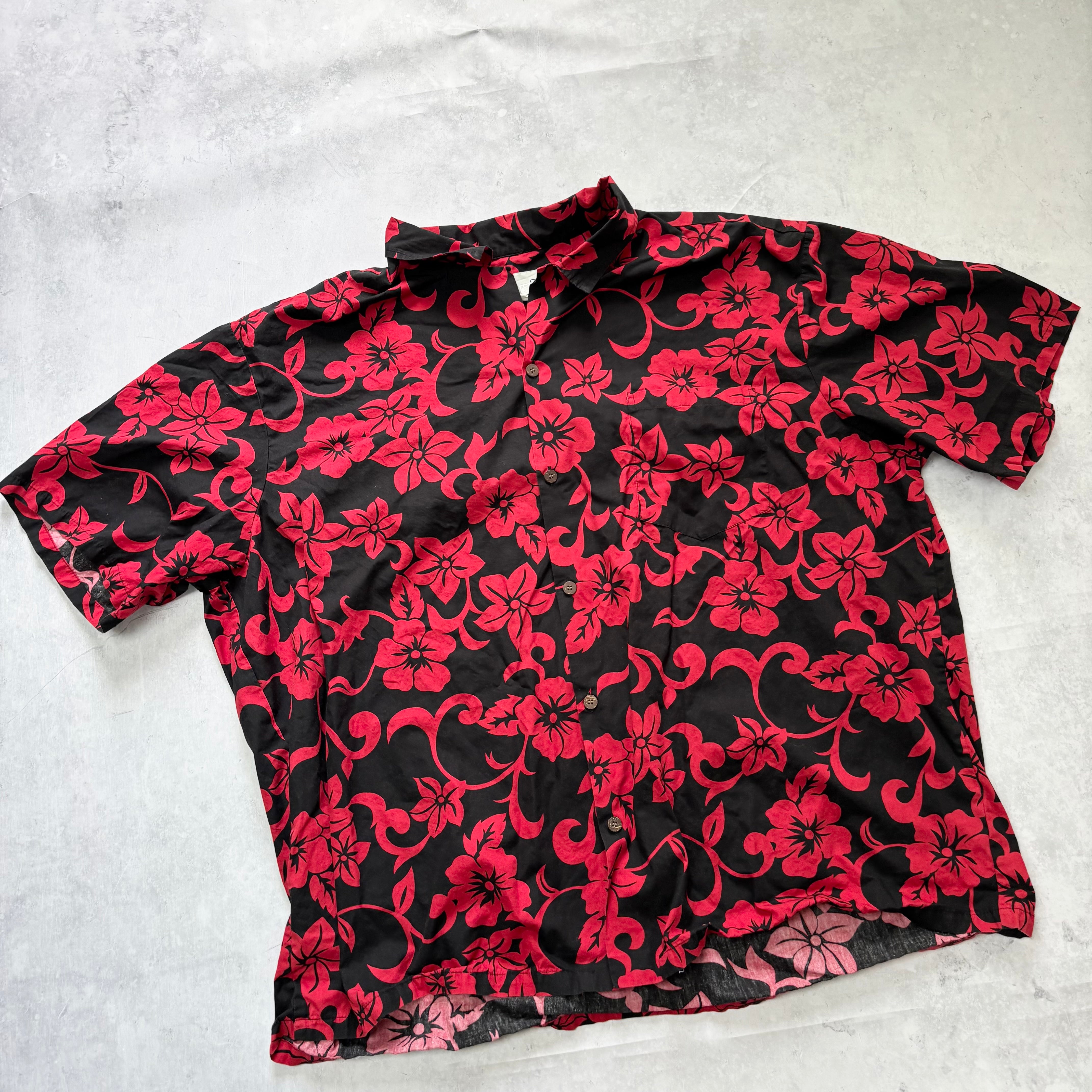 Vintage Hawaiian Shirt Mens 5XL Red Black Floral Aloha Short Sleeve Cotton (E)