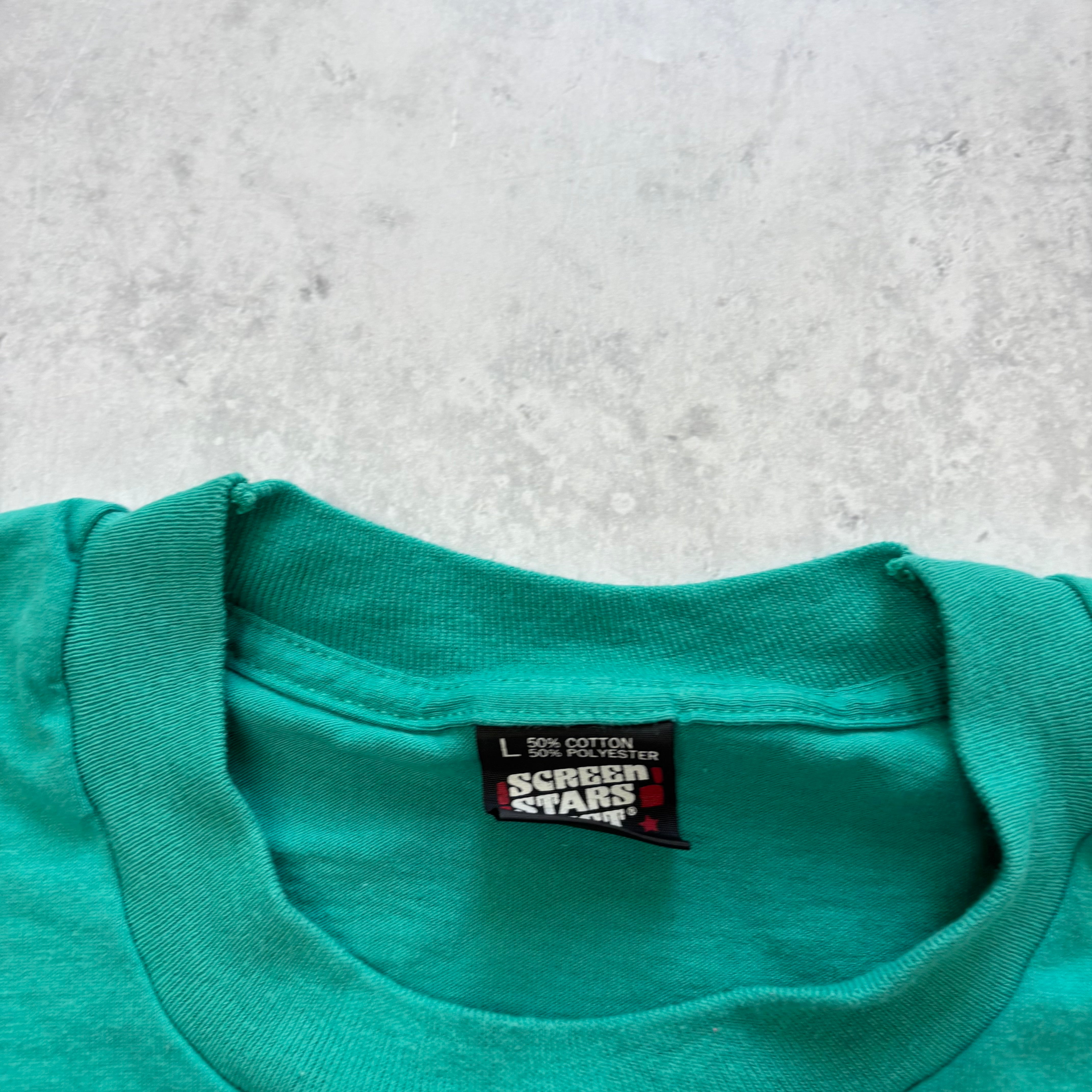 Vintage T Shirt Mens Medium Teal Green Single Stitch Graphic Print 90s Run (E)