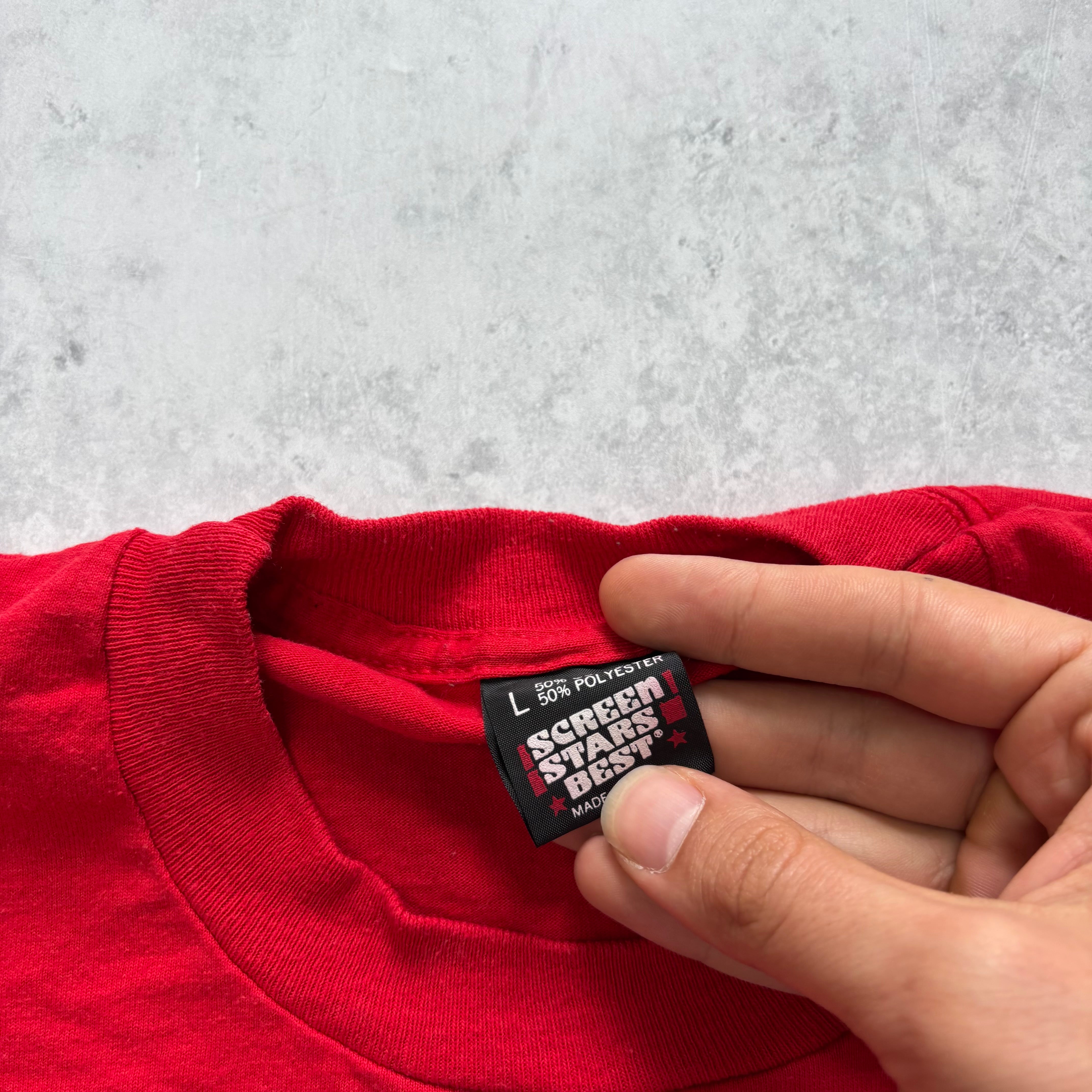 Vintage T Shirt Mens Large Red Single Stitch Graphic Print 90s Run Race (E)