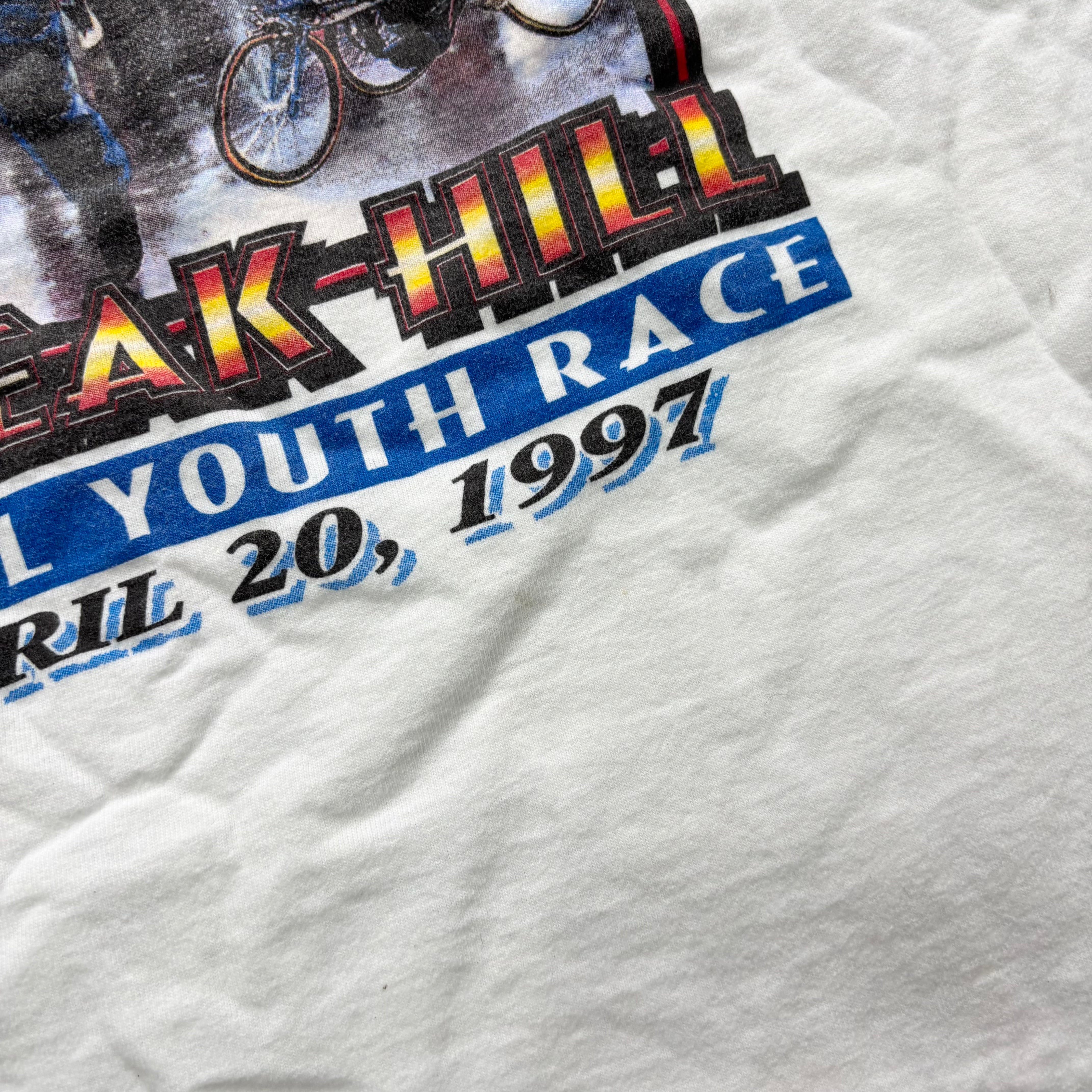 Vintage T Shirt Mens Large White Single Stitch Graphic Print 90s USA Run (E)