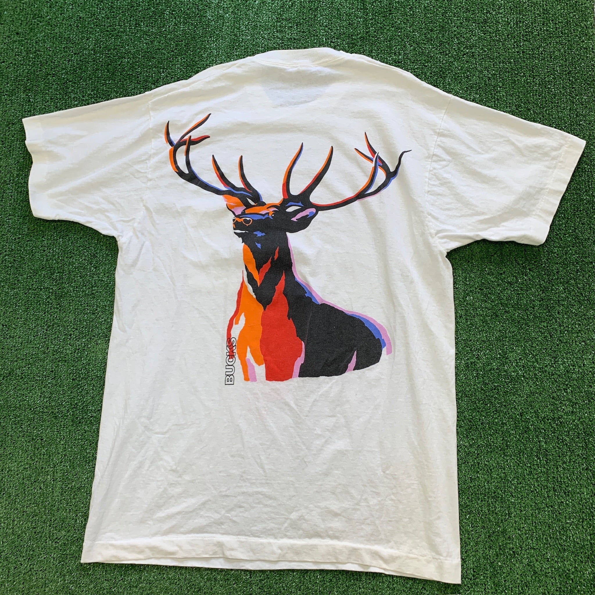 Vintage T Shirt Mens XL White Single Stitch Graphic Print 90s USA Buck Deer