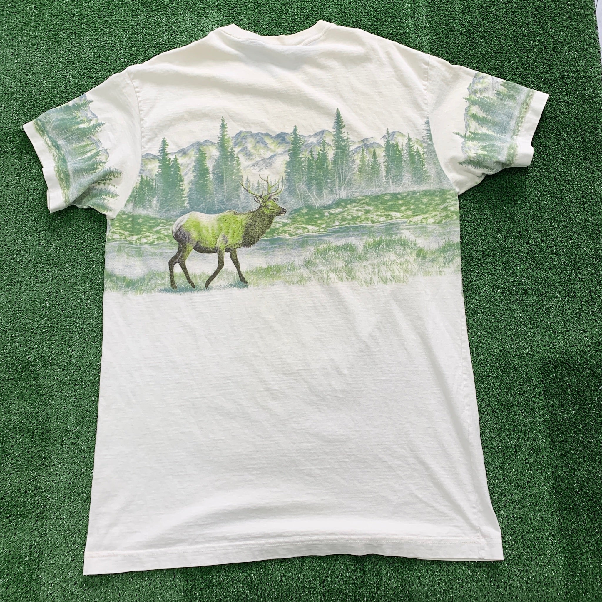 Vintage T Shirt Mens XL Cream White Graphic Print 90s USA Tourist Nature