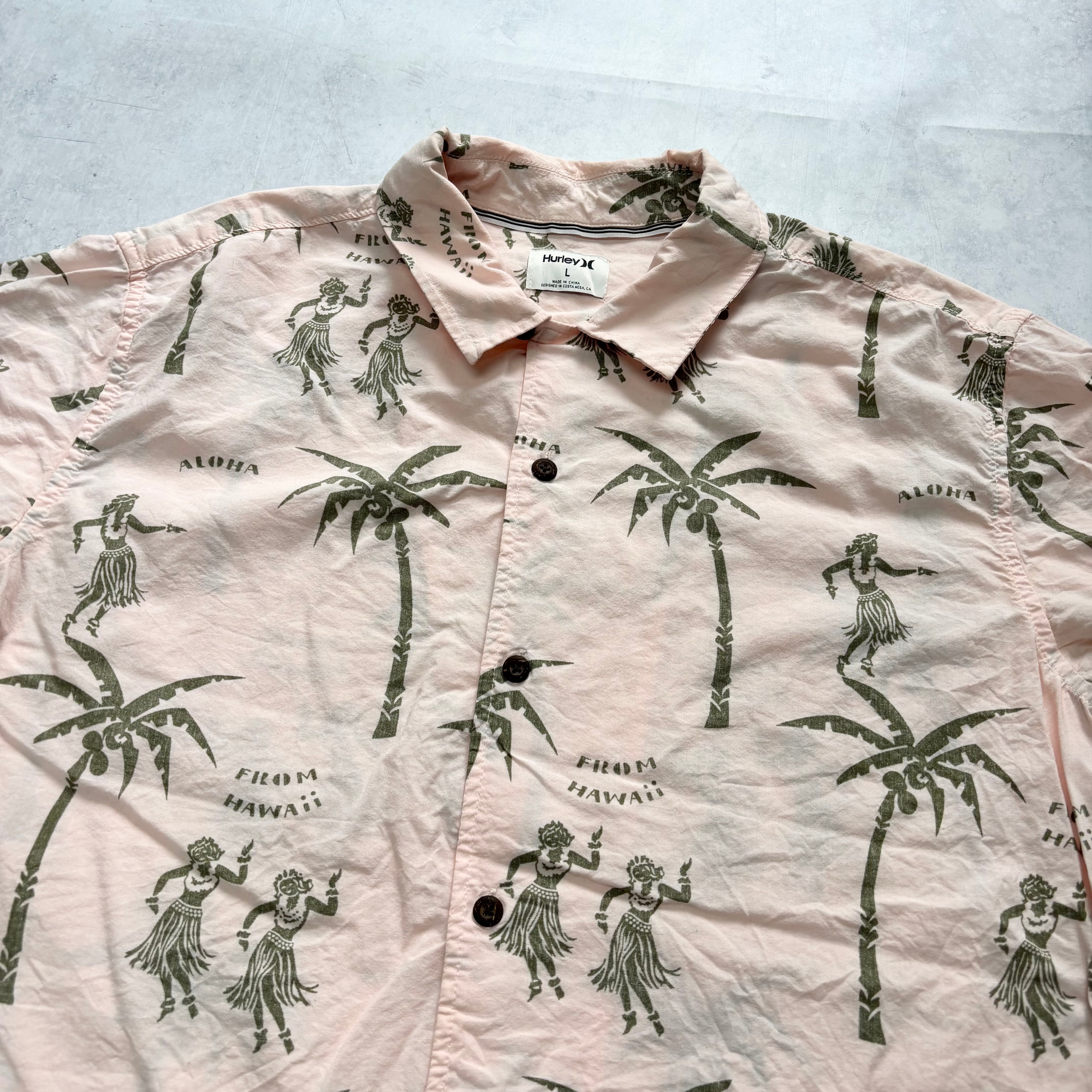 Hurley Hawaiian Shirt Mens Large Pink Floral Aloha Short Sleeve Surf (E)