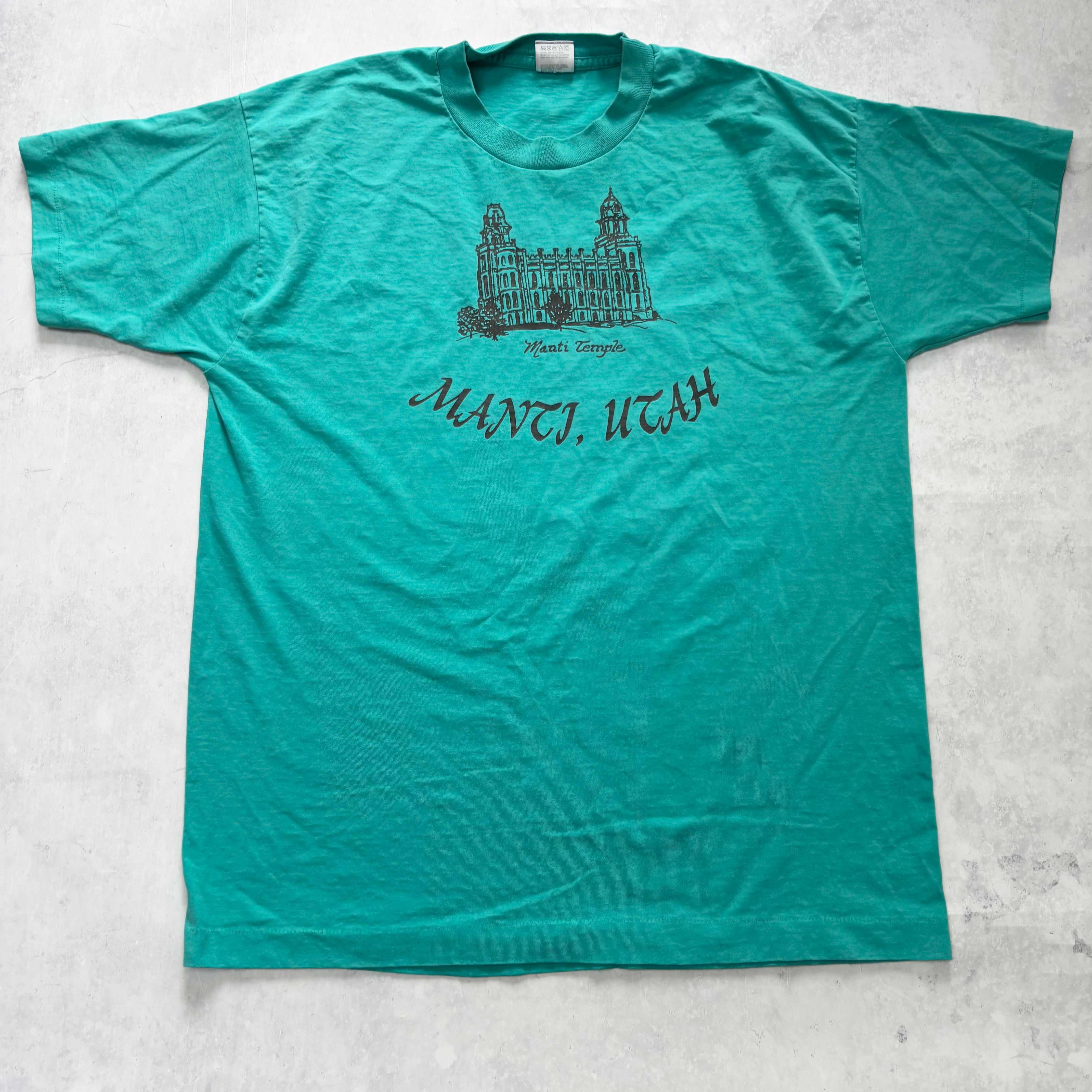 Vintage T Shirt Mens XL Blue Single Stitch Graphic Print 90s Teal (E)