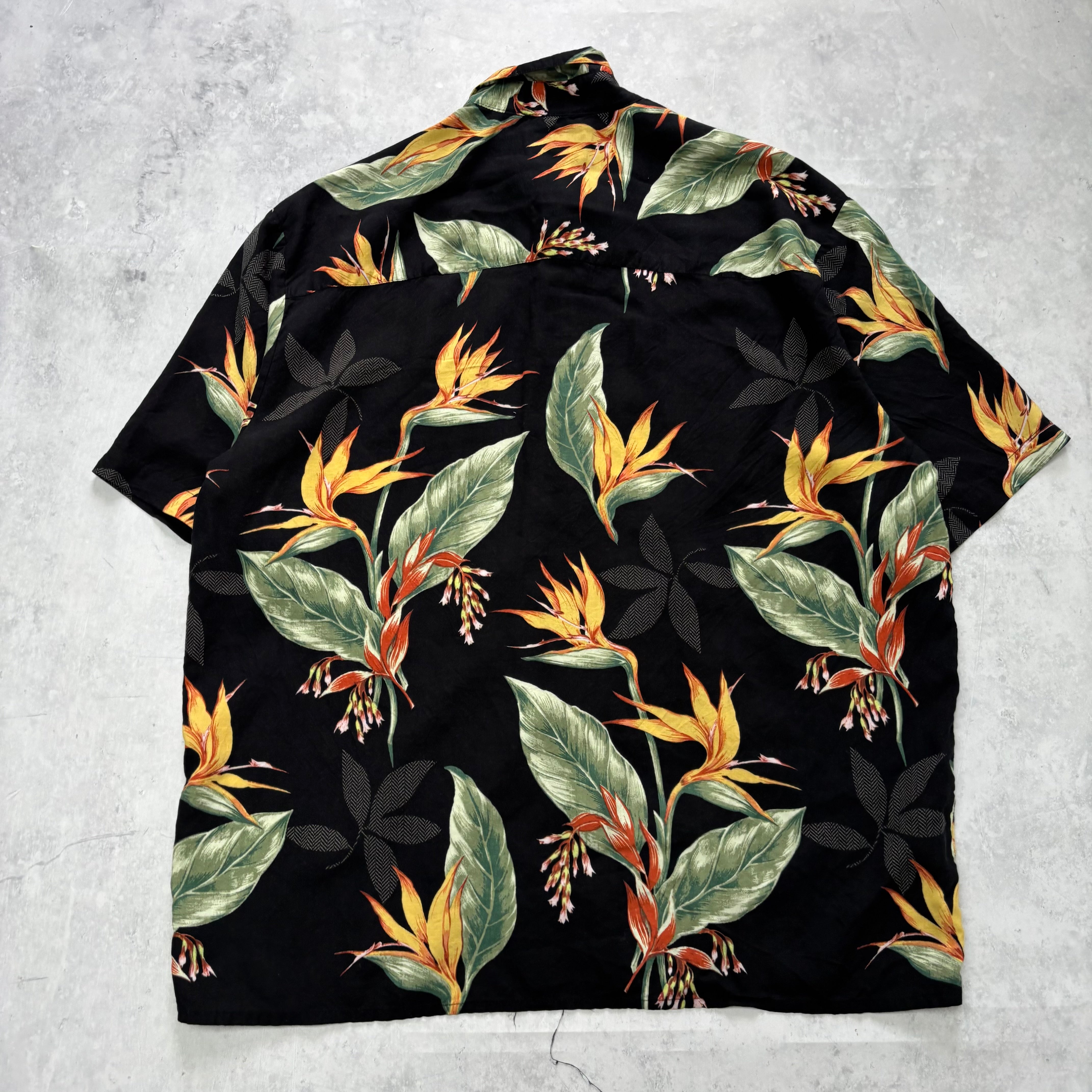 Vintage Hawaiian Shirt Mens Large Black Floral Aloha Short Sleeve Rayon (E)