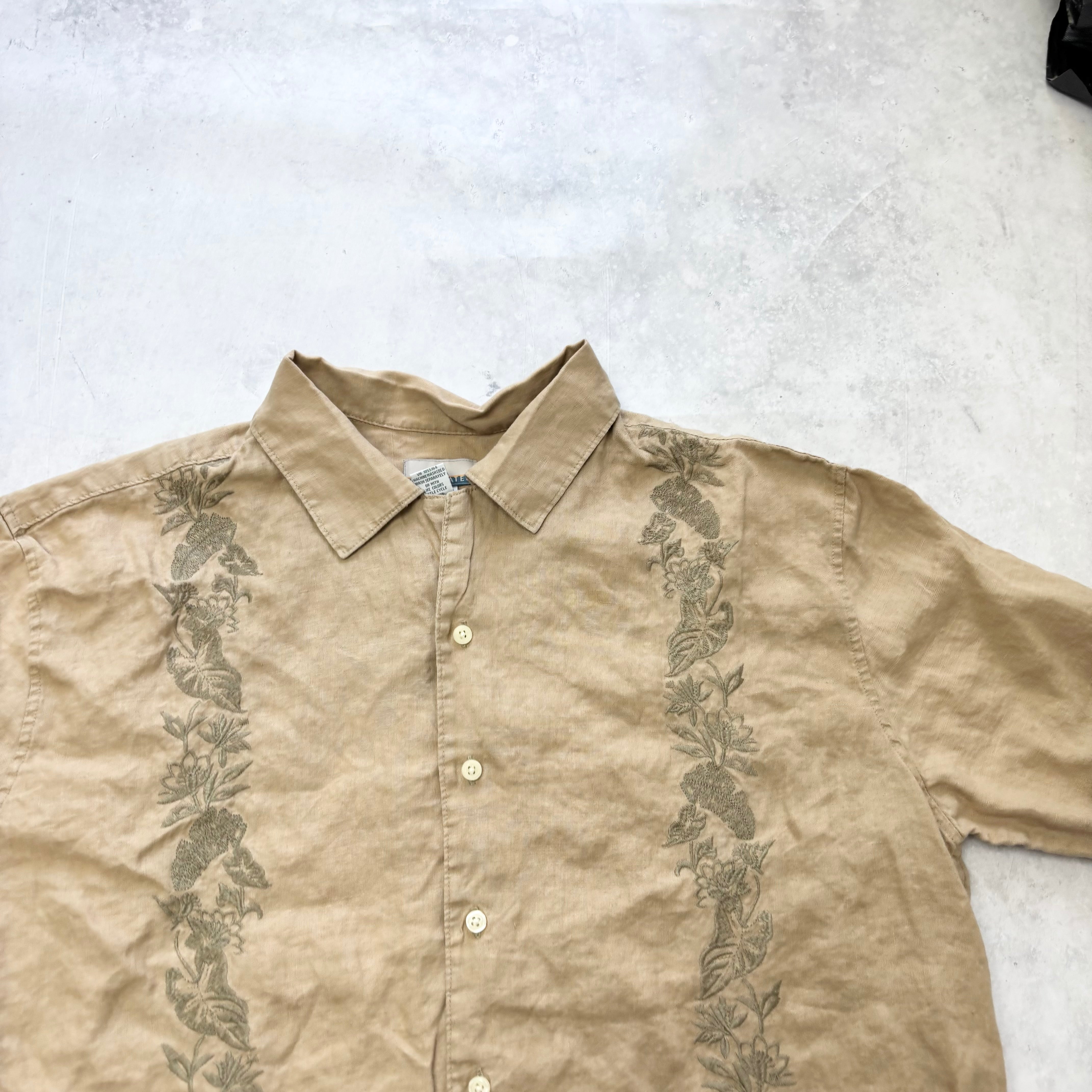 Vintage Hawaiian Shirt Mens Large Brown Floral Aloha Short Sleeve Linen (E)