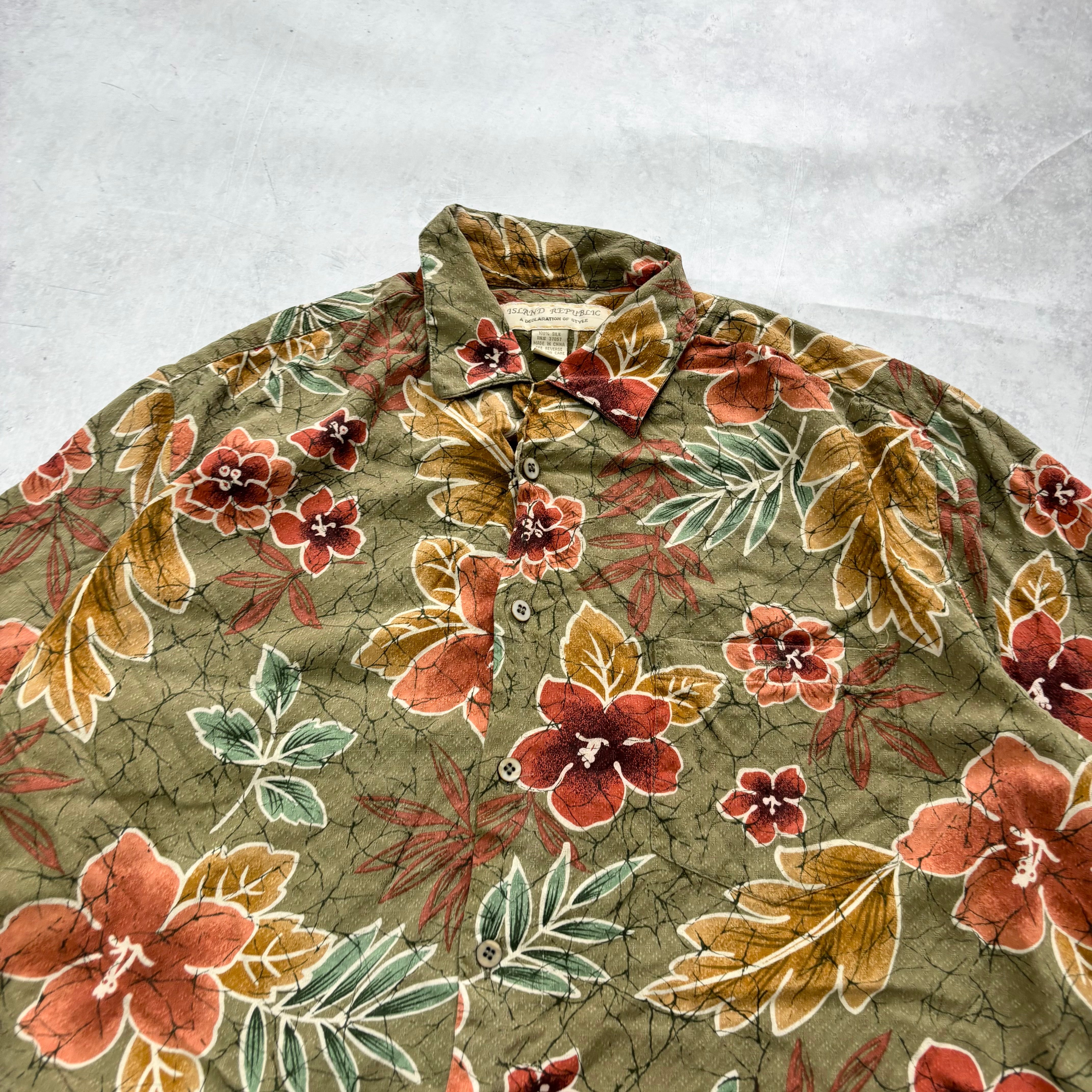 Vintage Hawaiian Shirt Mens Large Green Floral Aloha Short Sleeve Silk (E)