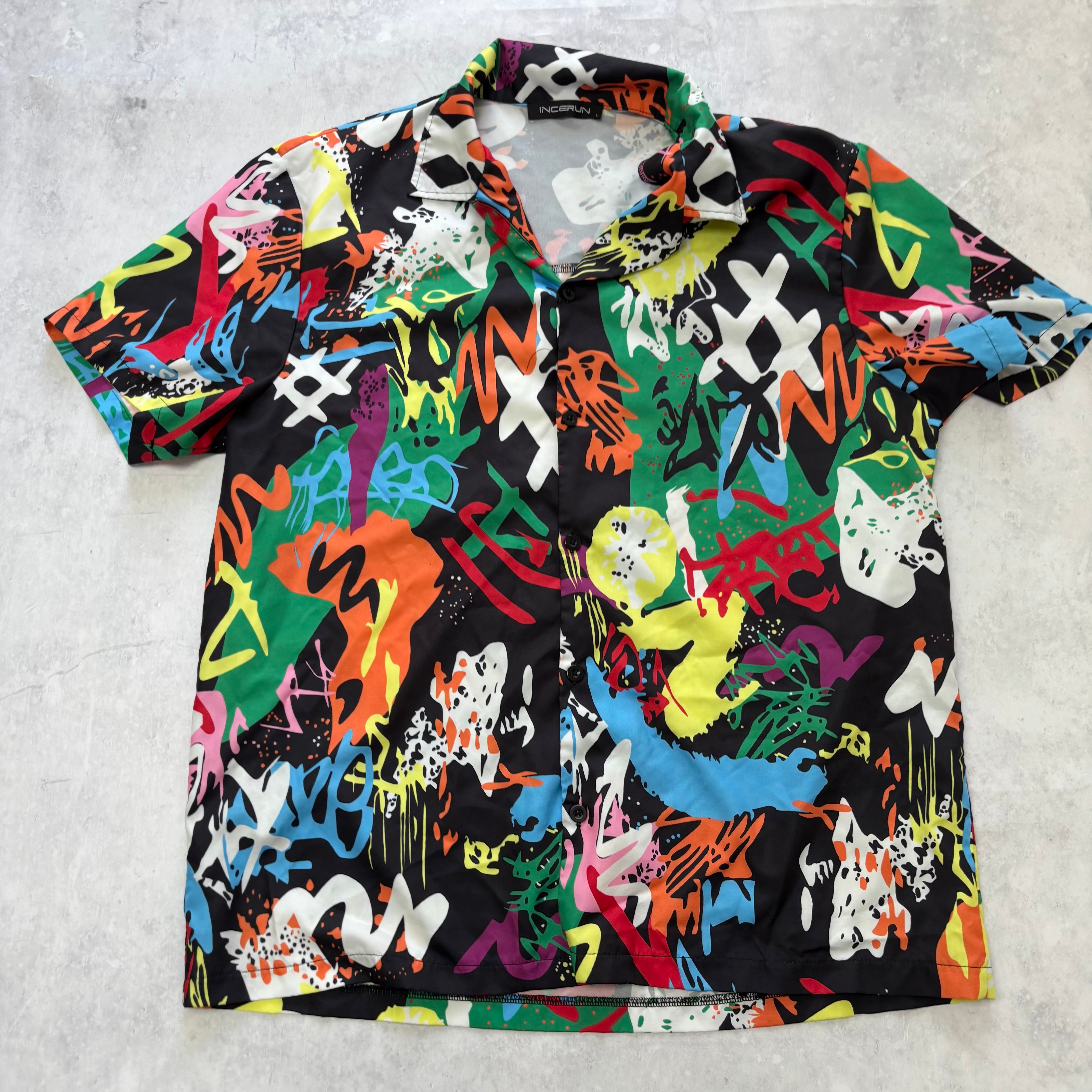 Funky Shirt Mens Large Black Art Abstract Short Sleeve Polyester (E)