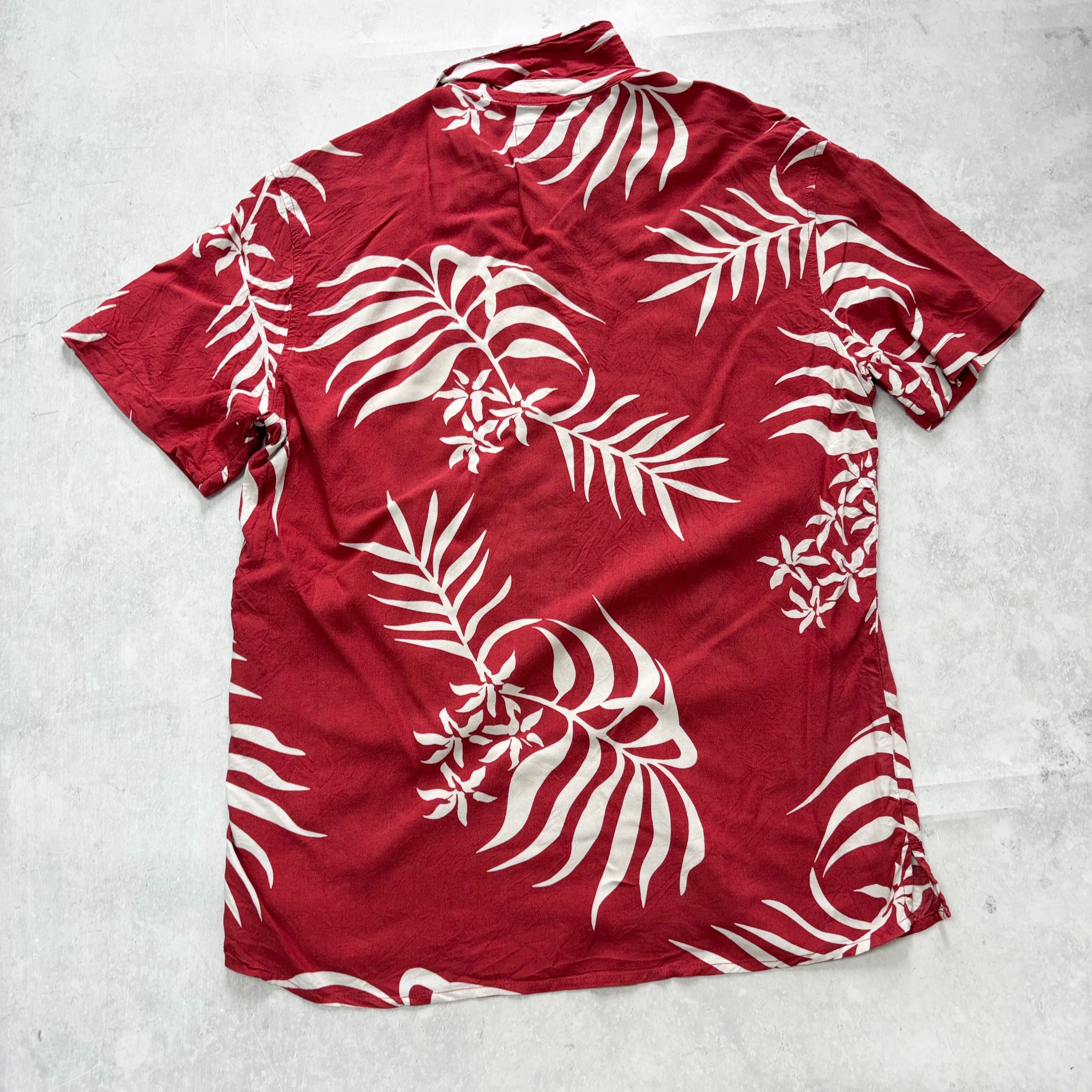 Hawaiian Shirt Mens Large Red Floral Aloha Short Sleeve Slim Fit