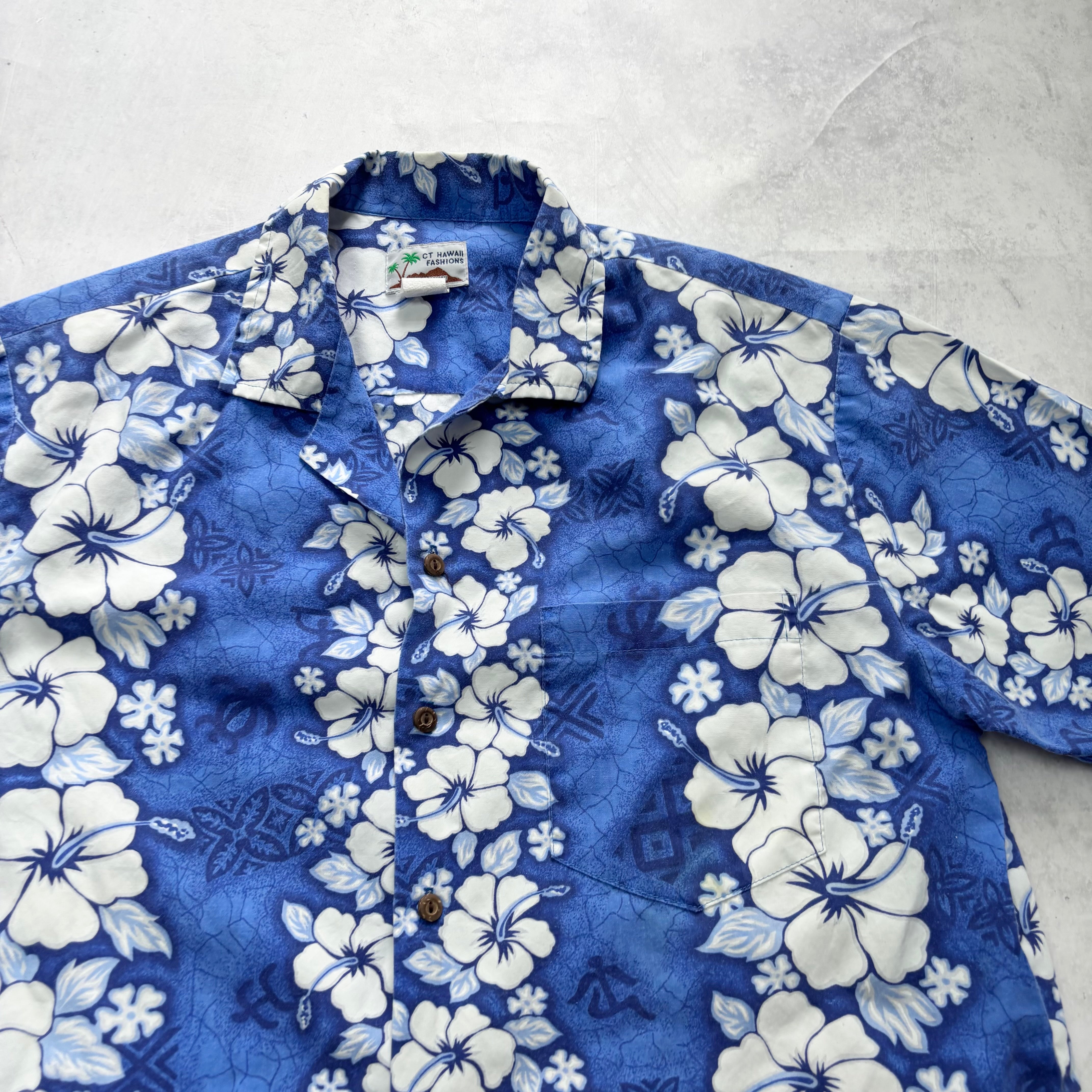Vintage Hawaiian Shirt Mens Large Blue Floral Aloha Short Sleeve Cotton