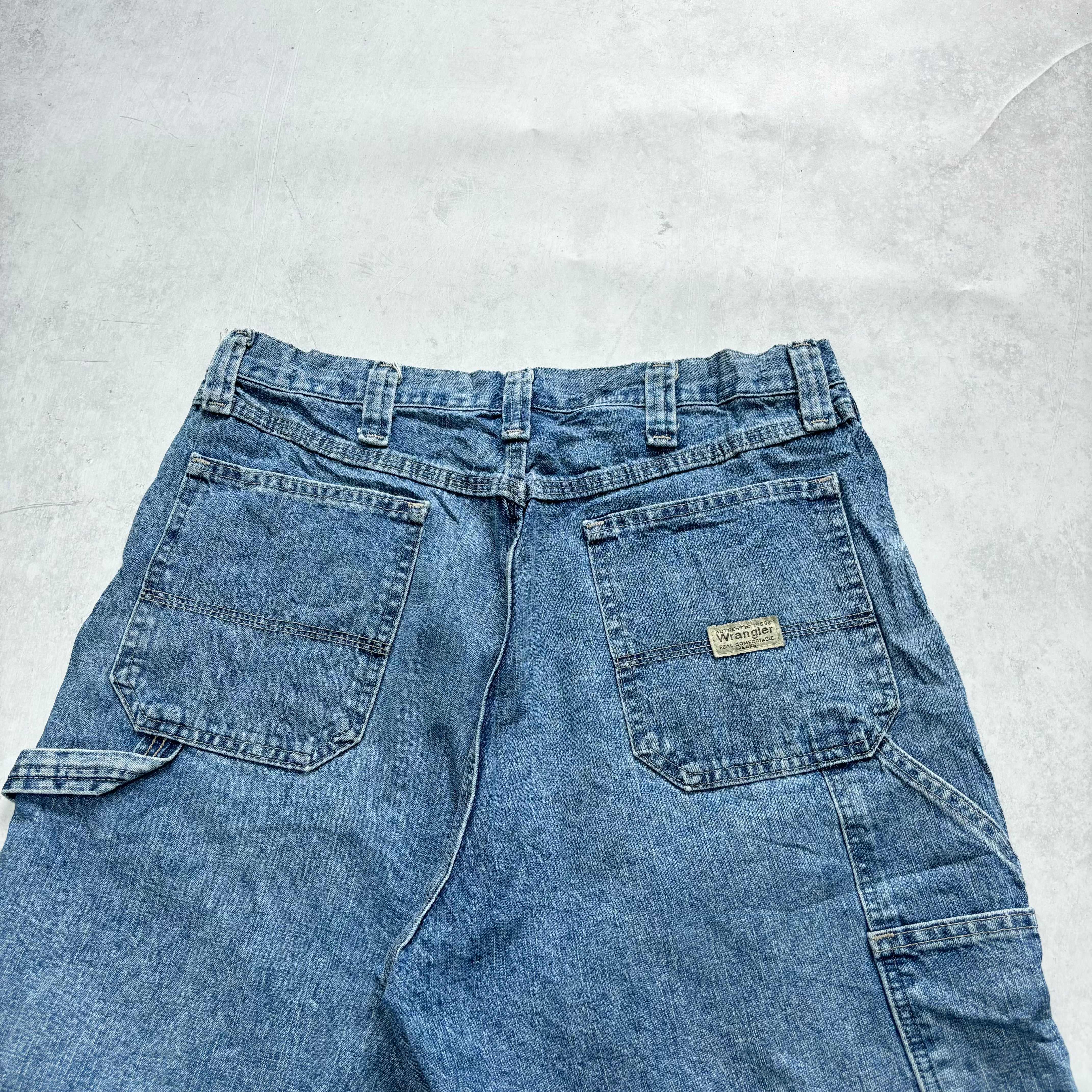 Vintage Wrangler Jorts W34 Mens Denim Shorts Light Blue Baggy Relaxed Carpenter