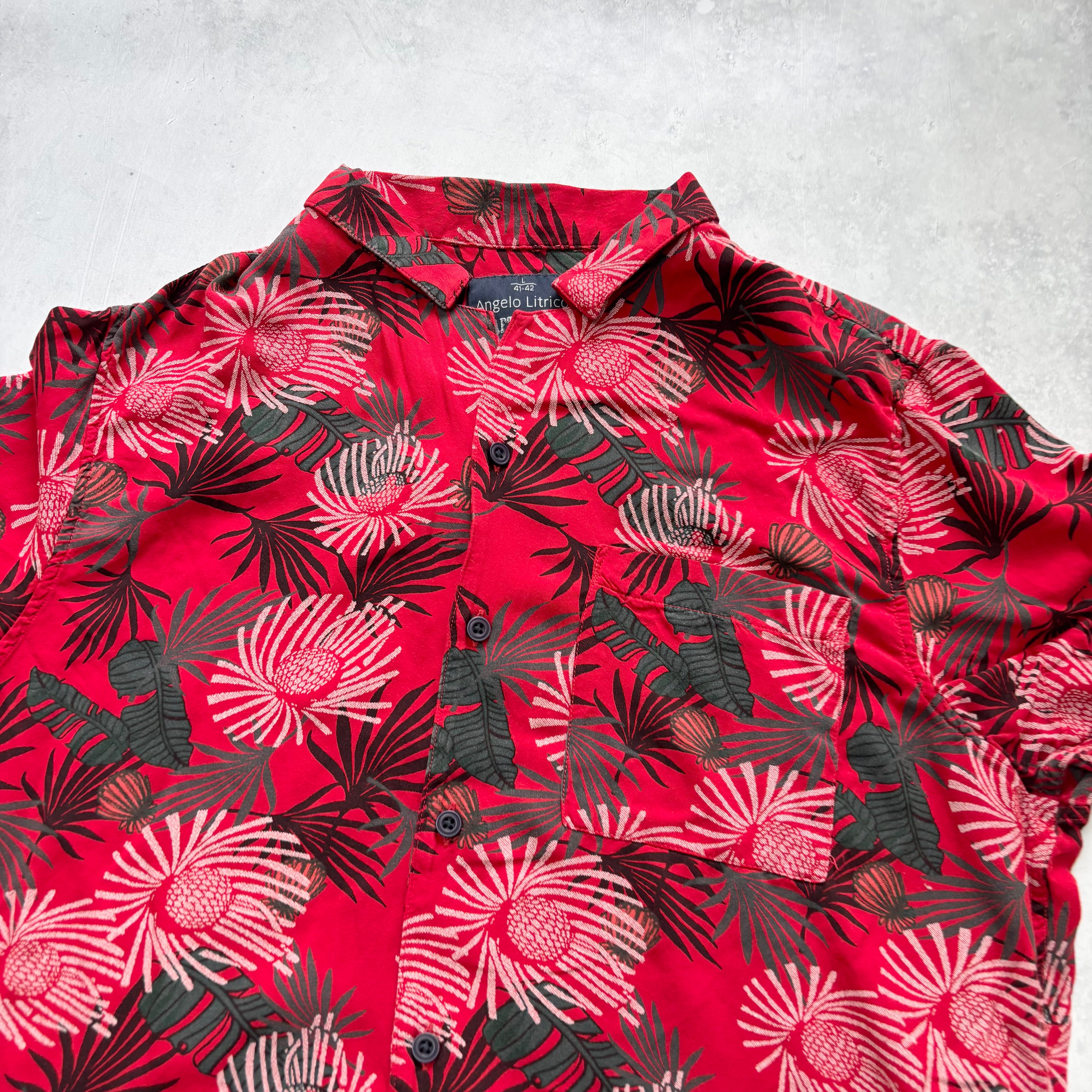 Hawaiian Shirt Mens Large Red Floral Aloha Short Sleeve Viscose Slim Fit (E)